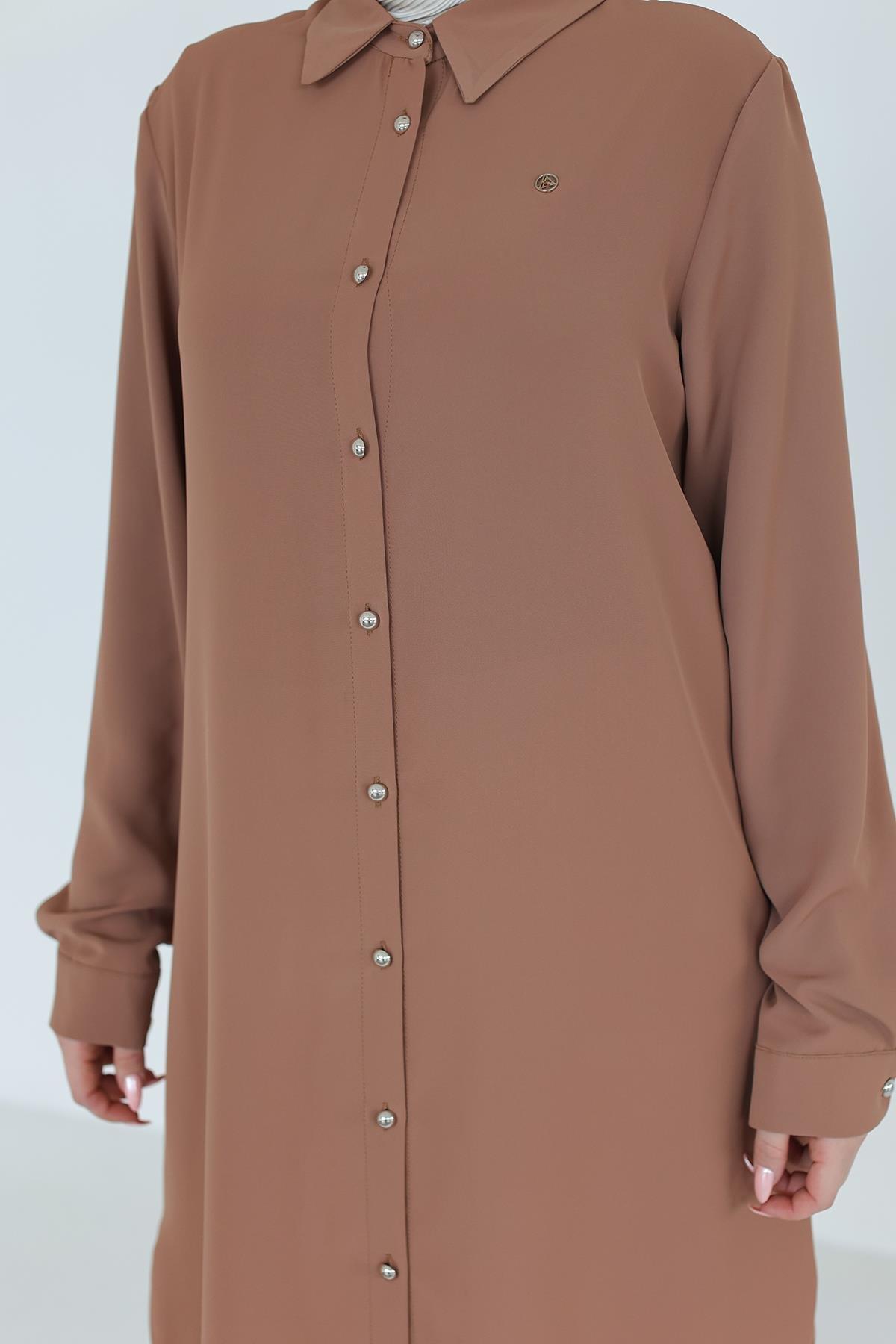 ARMİNE TREND Gömlek Yaka Boydan Düğmeli Tunik-Camel 25YT448