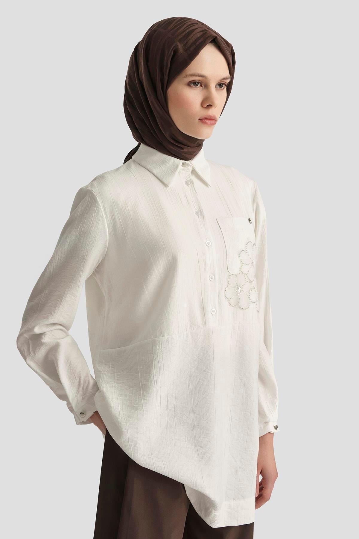 ARMİNE TREND Gömlek Yaka Çiçek Desenli Tunik-Ekru 25YT4150