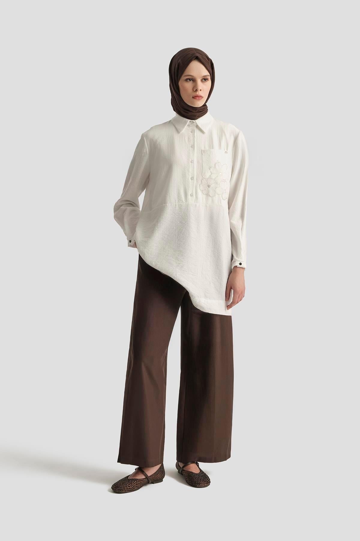 ARMİNE TREND Gömlek Yaka Çiçek Desenli Tunik-Ekru 25YT4150