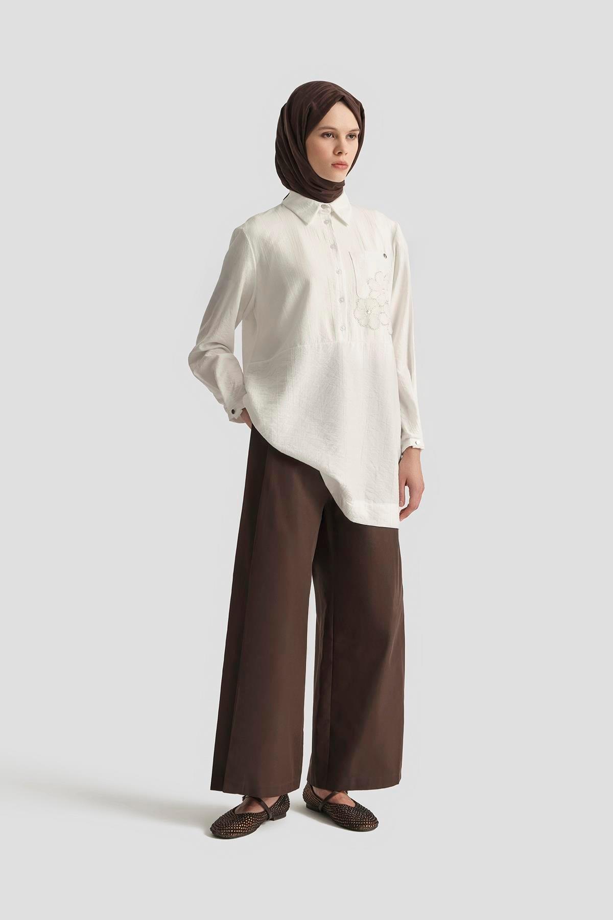 ARMİNE TREND Gömlek Yaka Çiçek Desenli Tunik-Ekru 25YT4150