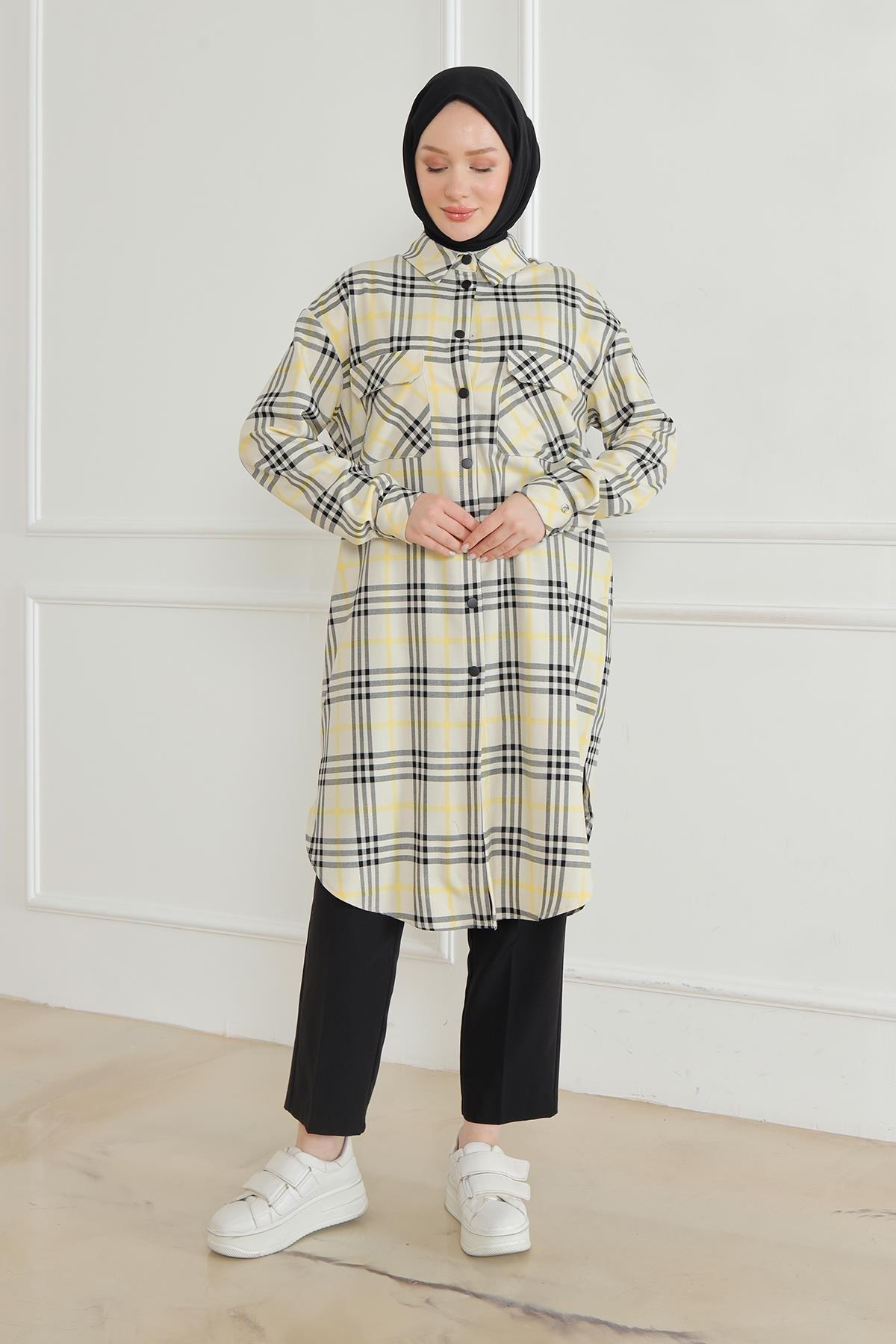 ARMİNE TREND Gömlek Yaka Çıtçıtlı Tunik-Ekose 24KT415