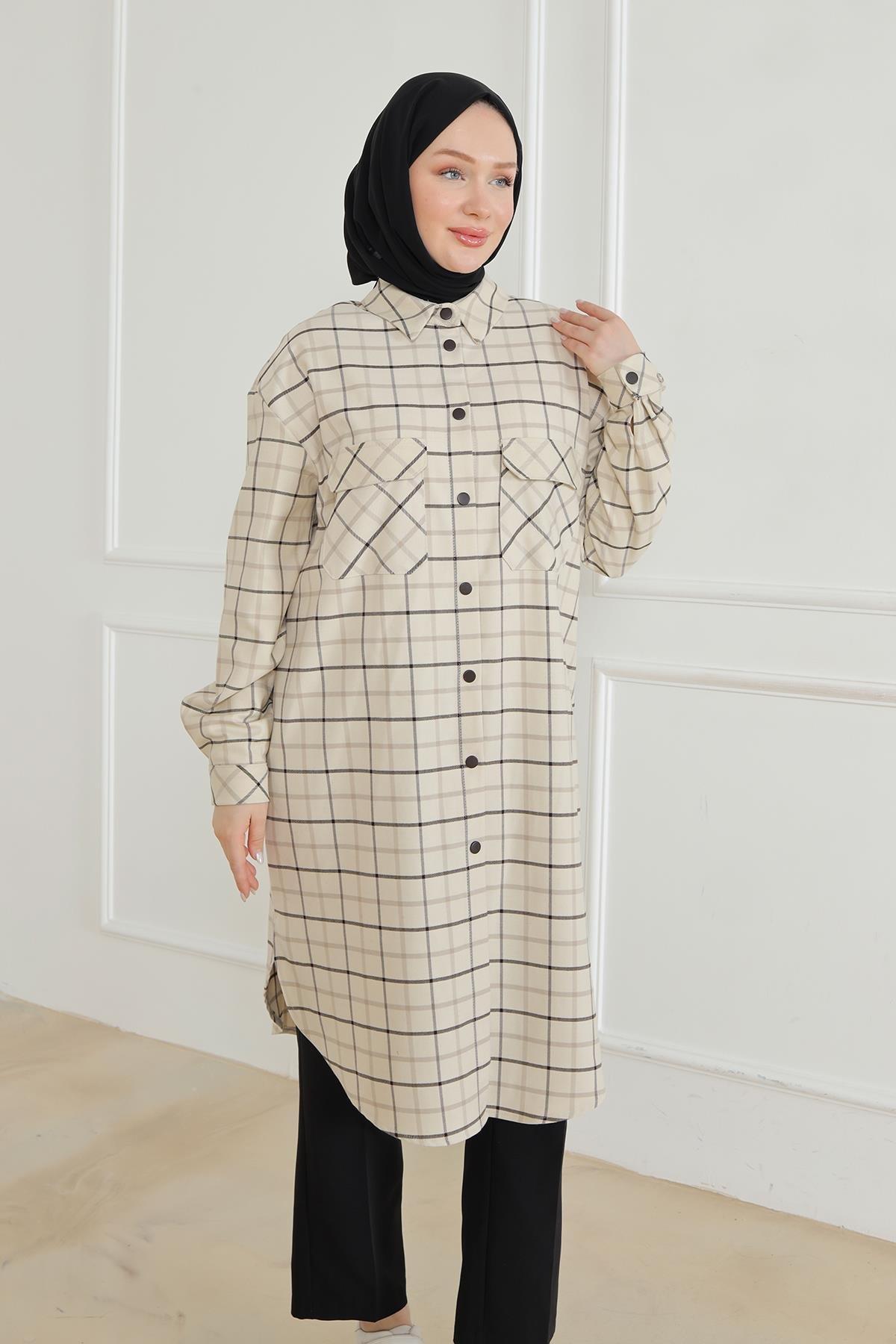 ARMİNE TREND Gömlek Yaka Çıtçıtlı Tunik-Bej 24KT415