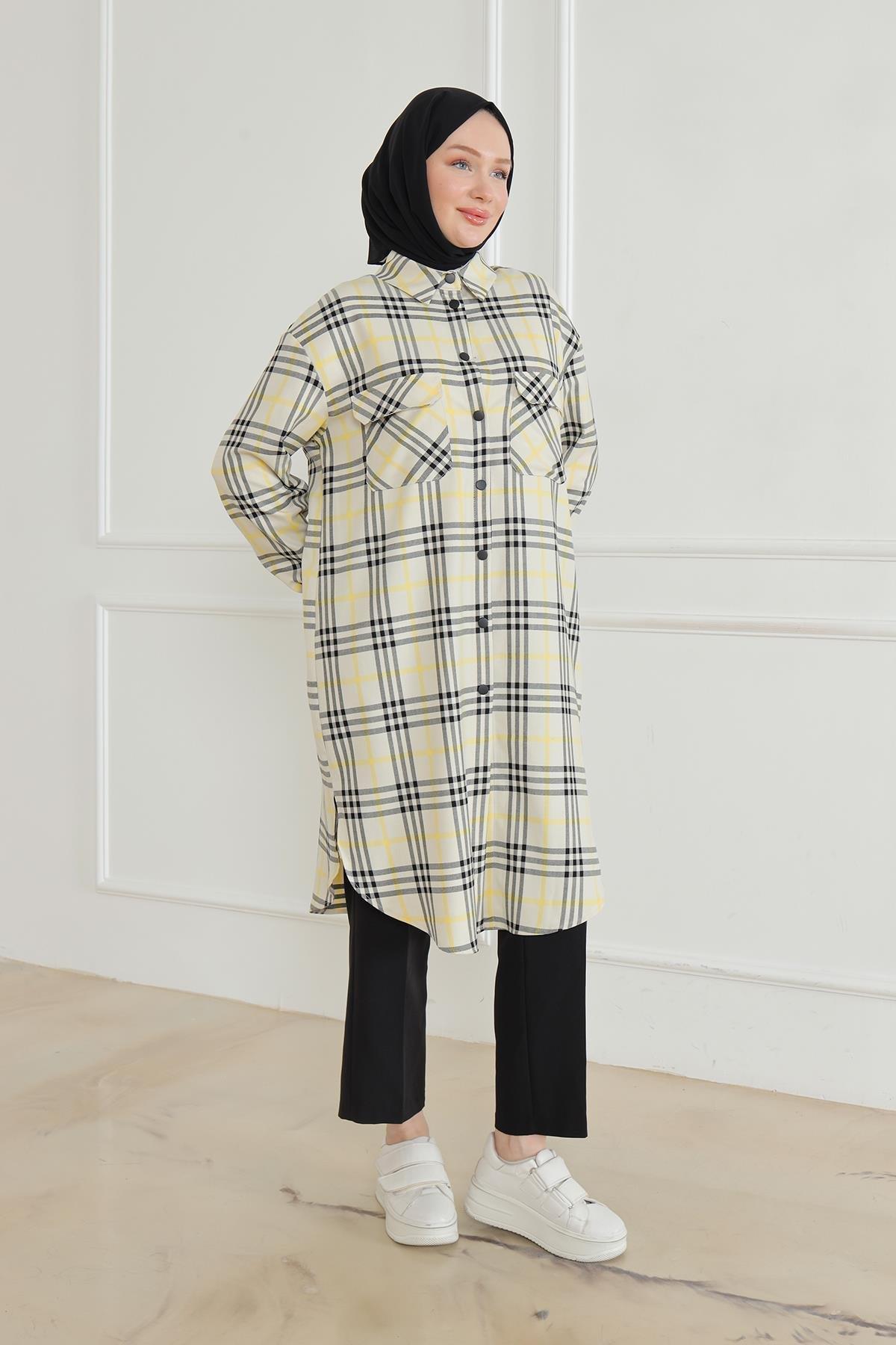 ARMİNE TREND Gömlek Yaka Çıtçıtlı Tunik-Ekose 24KT415