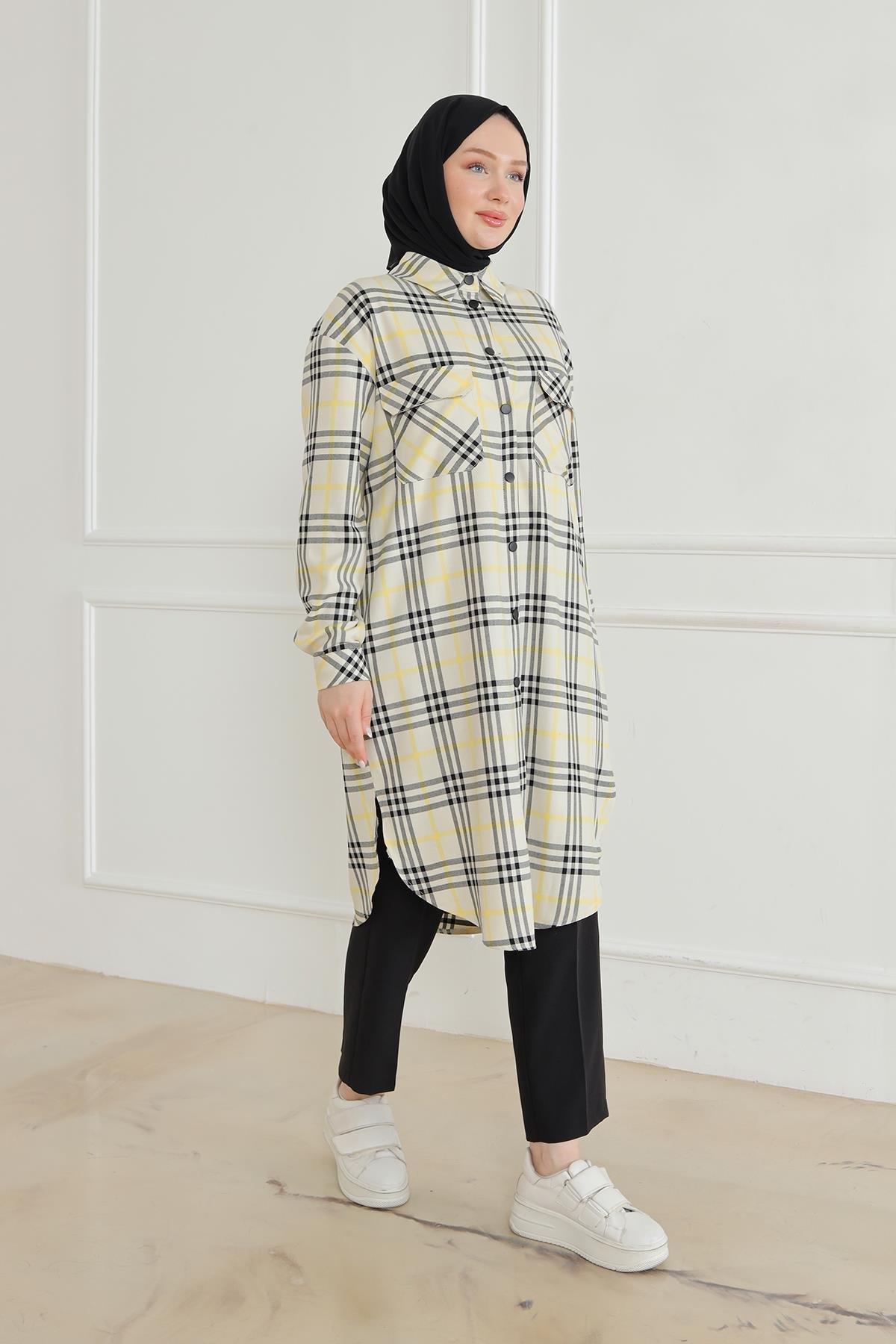 ARMİNE TREND Gömlek Yaka Çıtçıtlı Tunik-Ekose 24KT415
