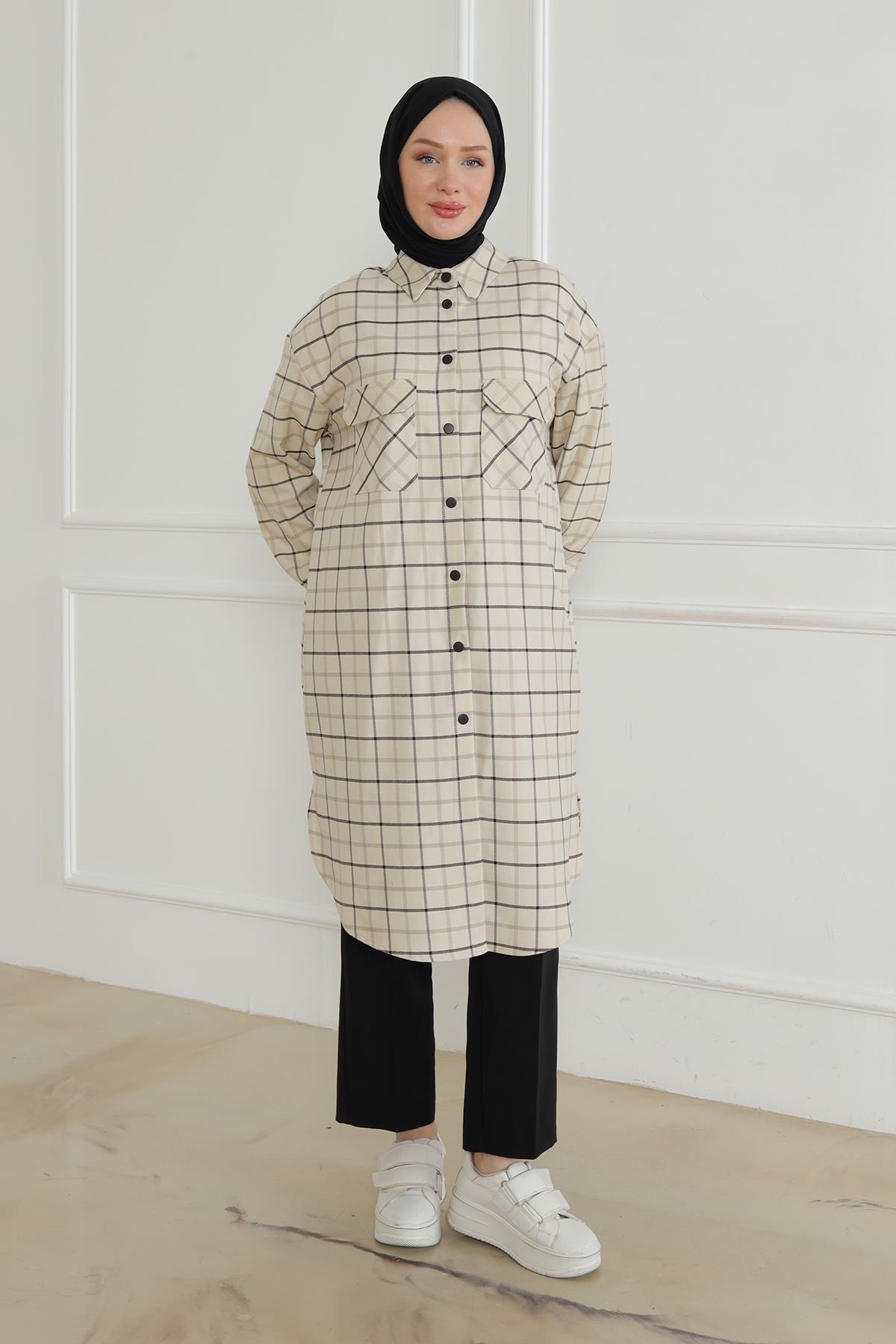 ARMİNE TREND Gömlek Yaka Çıtçıtlı Tunik-Bej 24KT415