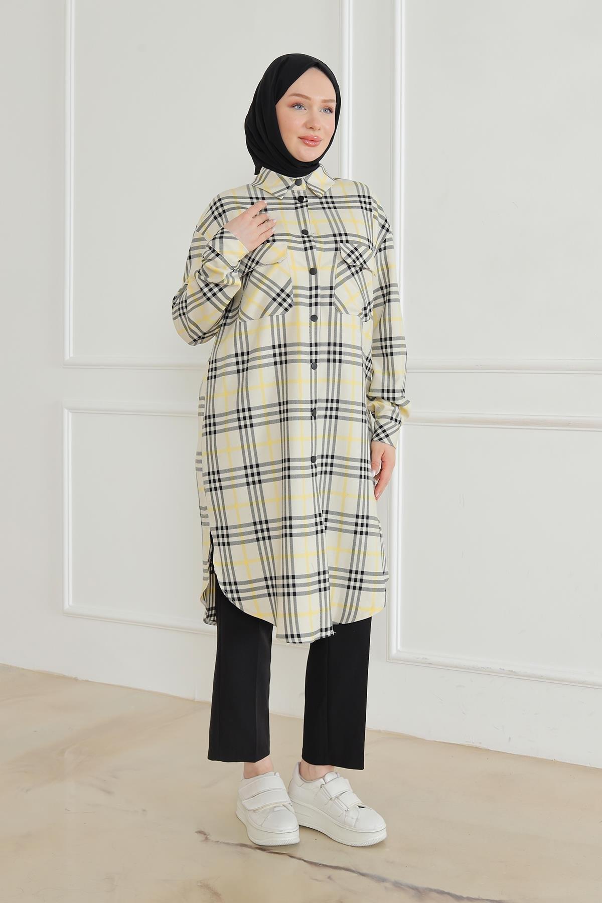 ARMİNE TREND Gömlek Yaka Çıtçıtlı Tunik-Ekose 24KT415