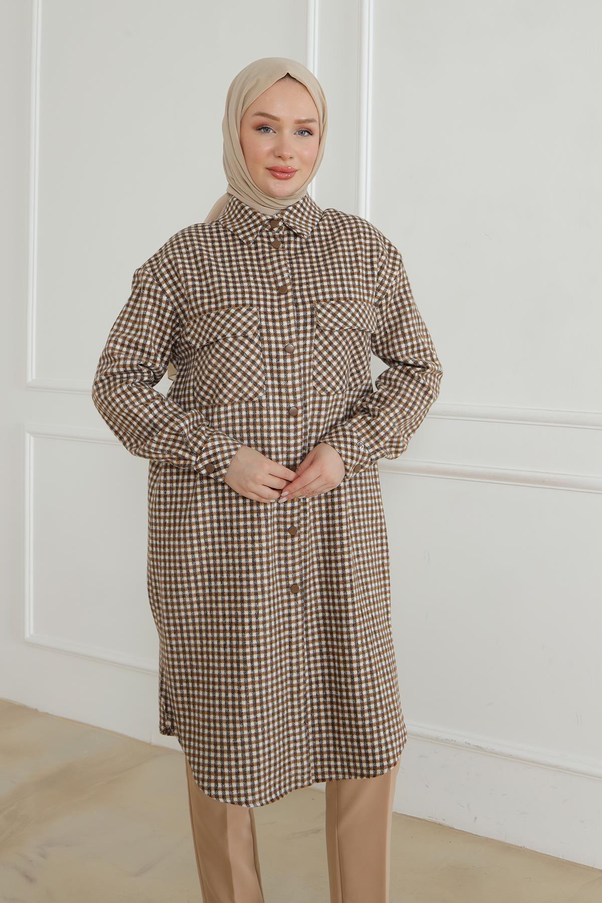 ARMİNE TREND Gömlek Yaka Çıtçıtlı Tunik-Kahve-Bej 24KT415
