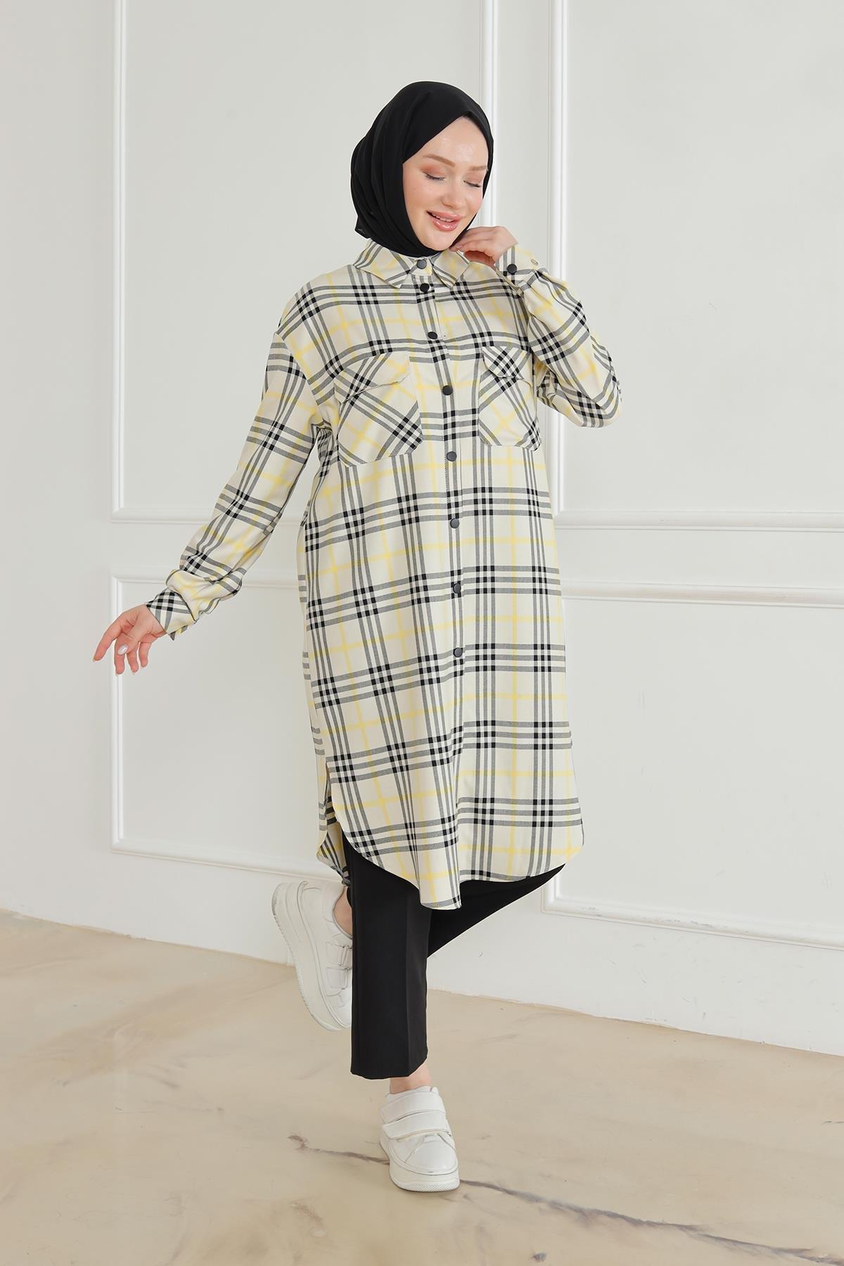 ARMİNE TREND Gömlek Yaka Çıtçıtlı Tunik-Ekose 24KT415
