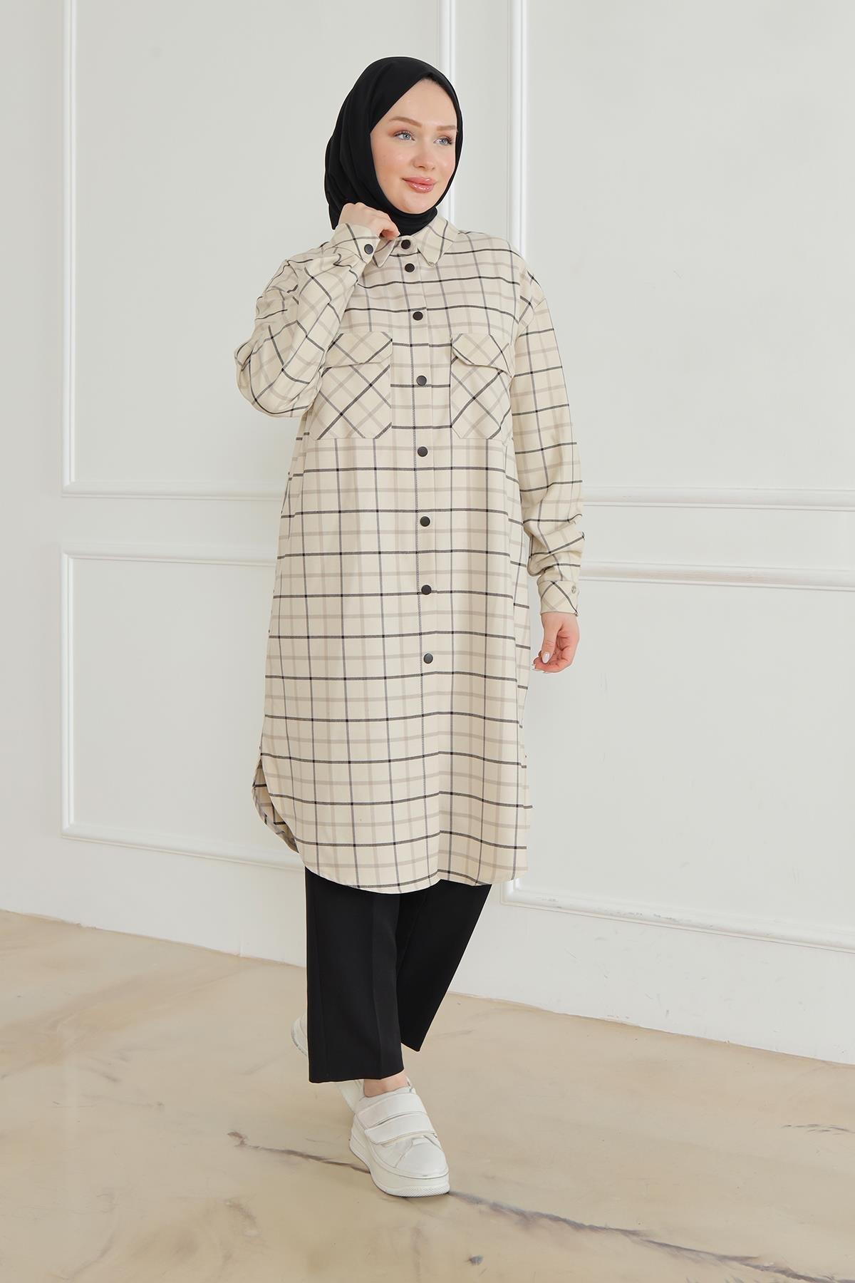 ARMİNE TREND Gömlek Yaka Çıtçıtlı Tunik-Bej 24KT415