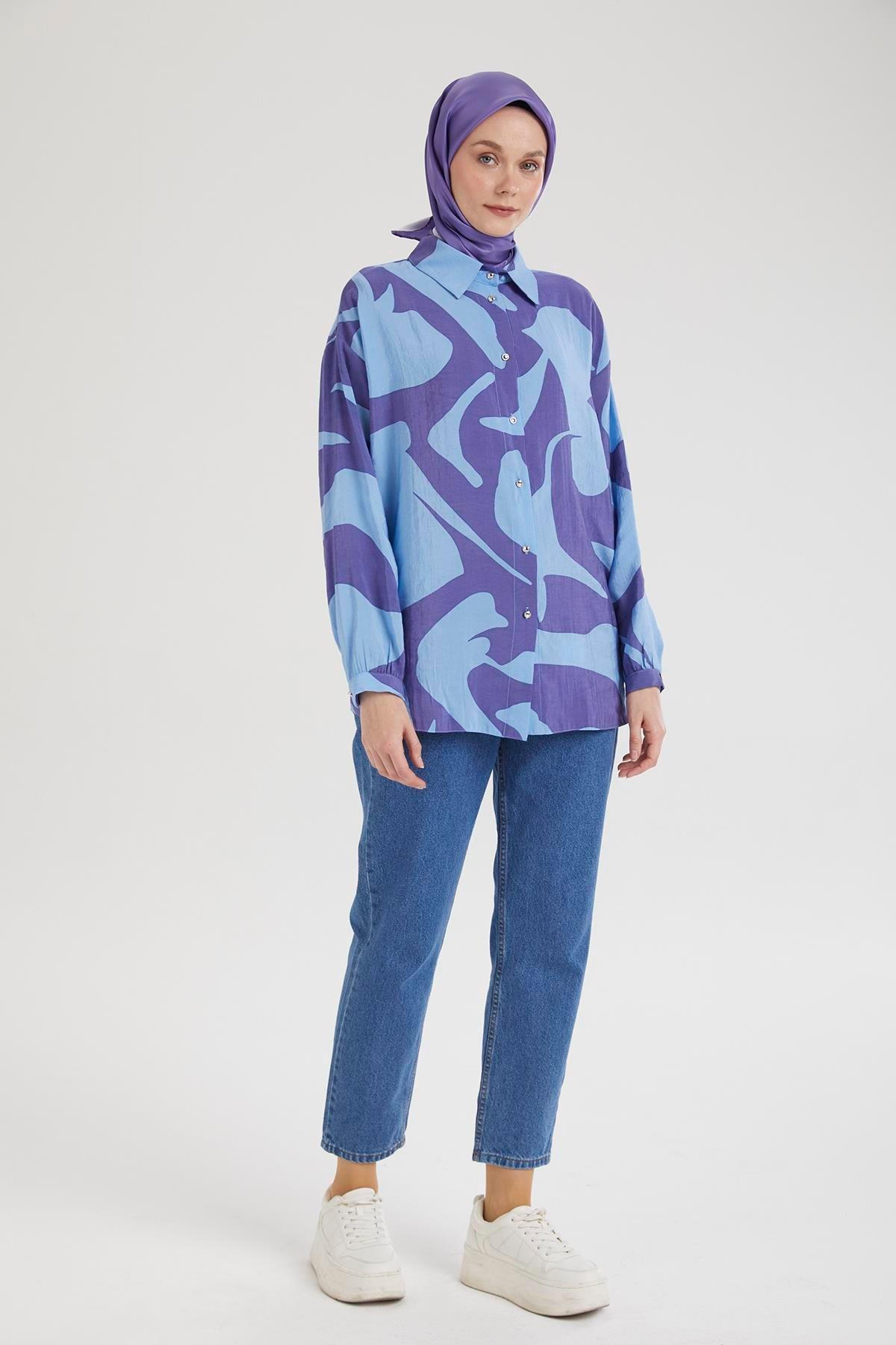 ARMİNE TREND Gömlek Yaka Düğmeli Basic Tunik-Mavi 25YT487