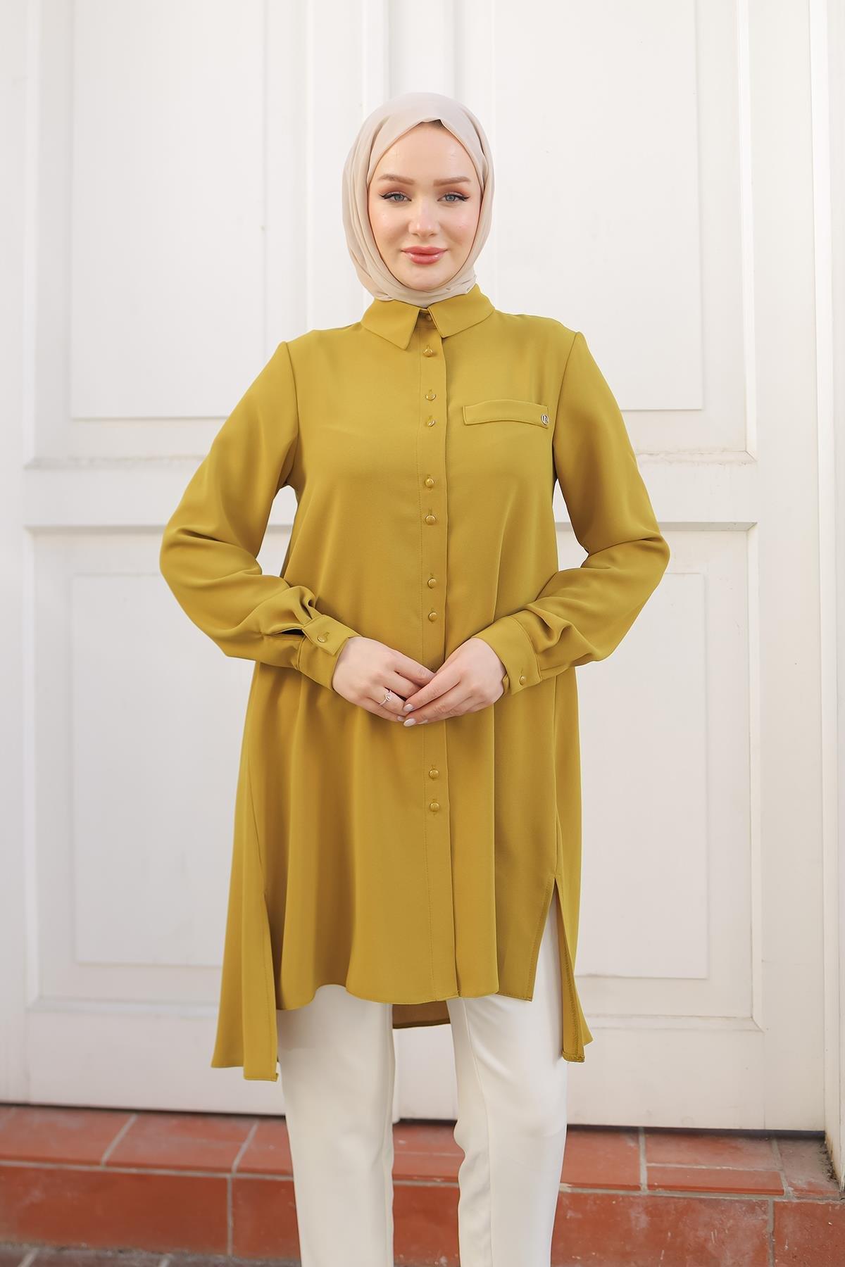 ARMİNE TREND Gömlek Yaka Düğmeli Tunik-Hardal 24KT444
