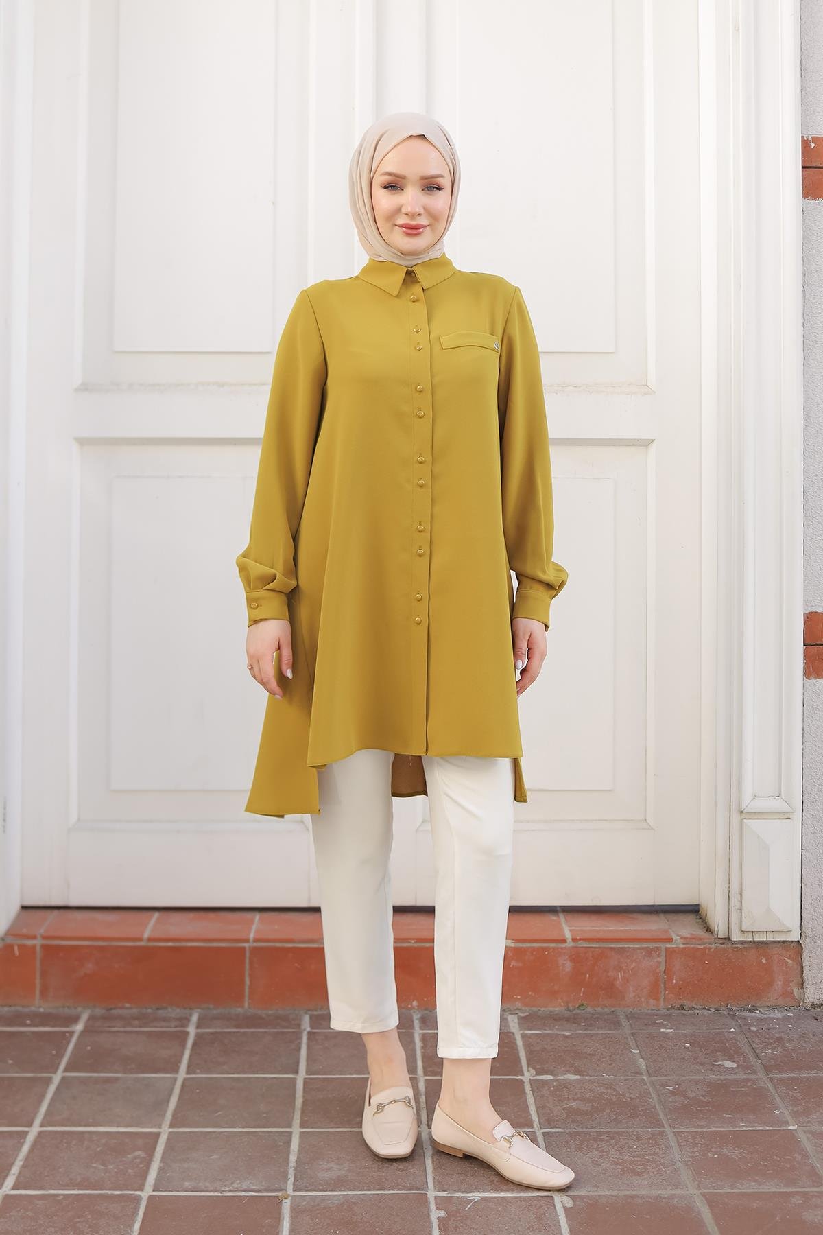 ARMİNE TREND Gömlek Yaka Düğmeli Tunik-Hardal 24KT444