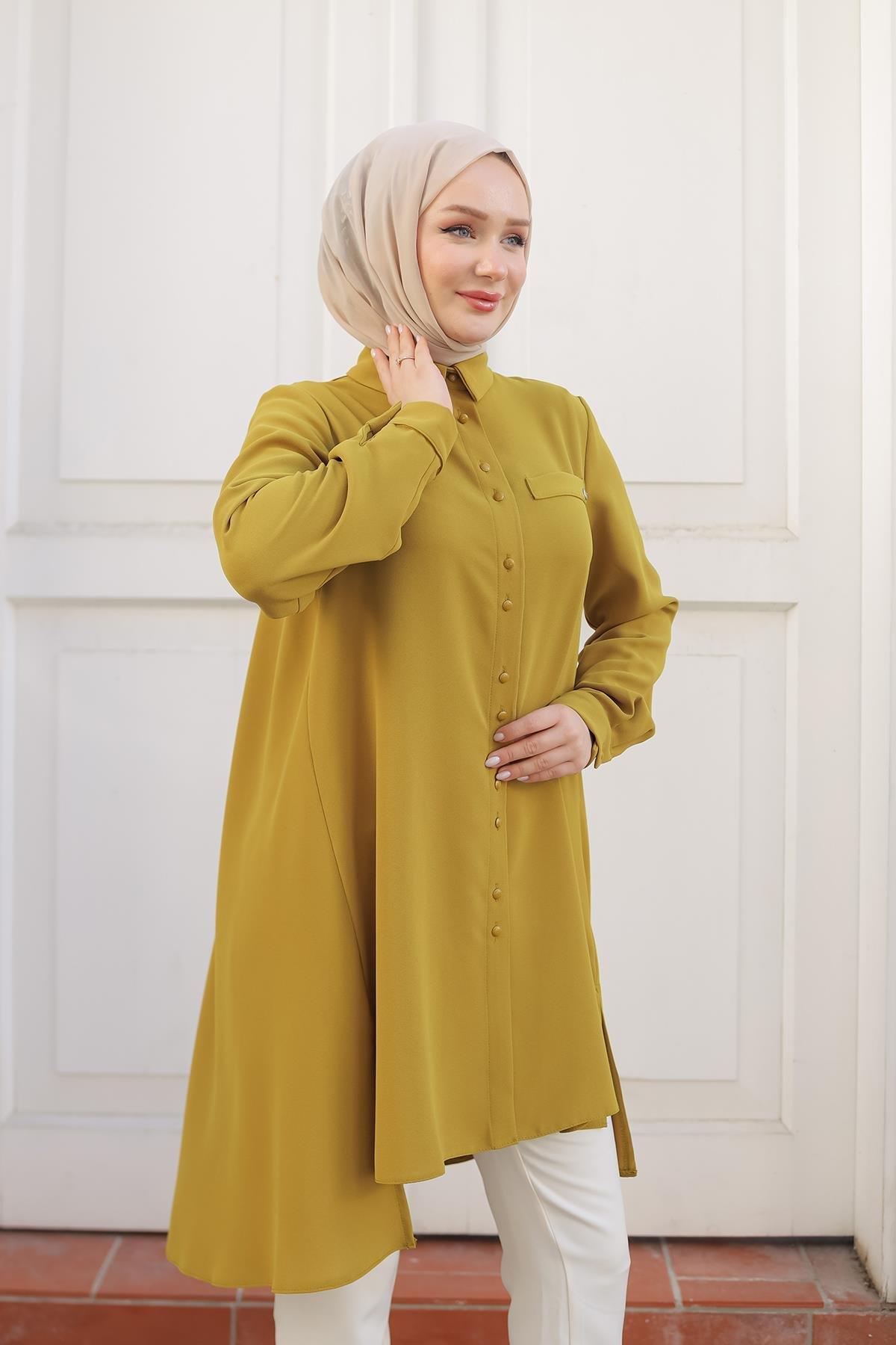 ARMİNE TREND Gömlek Yaka Düğmeli Tunik-Hardal 24KT444