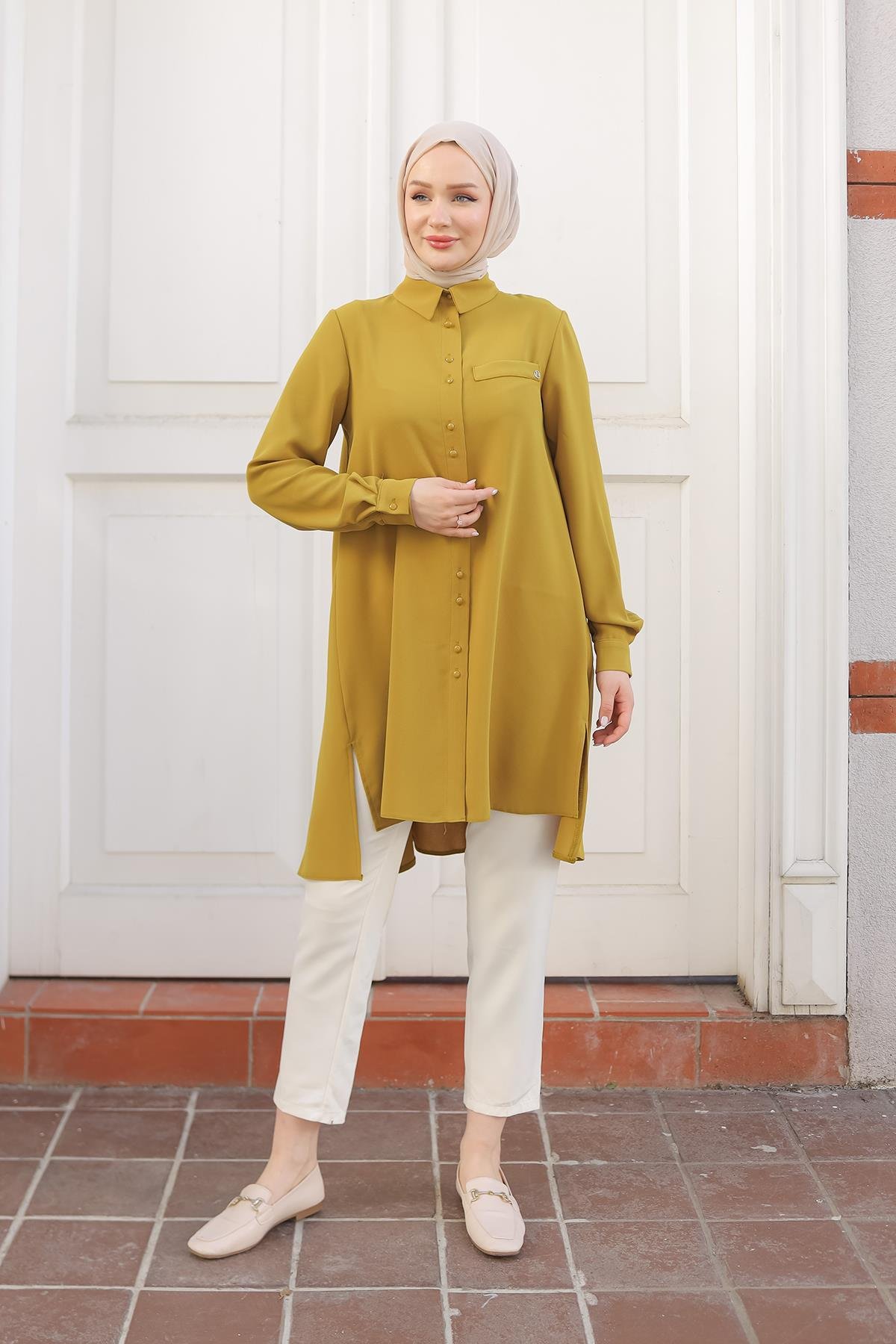 ARMİNE TREND Gömlek Yaka Düğmeli Tunik-Hardal 24KT444