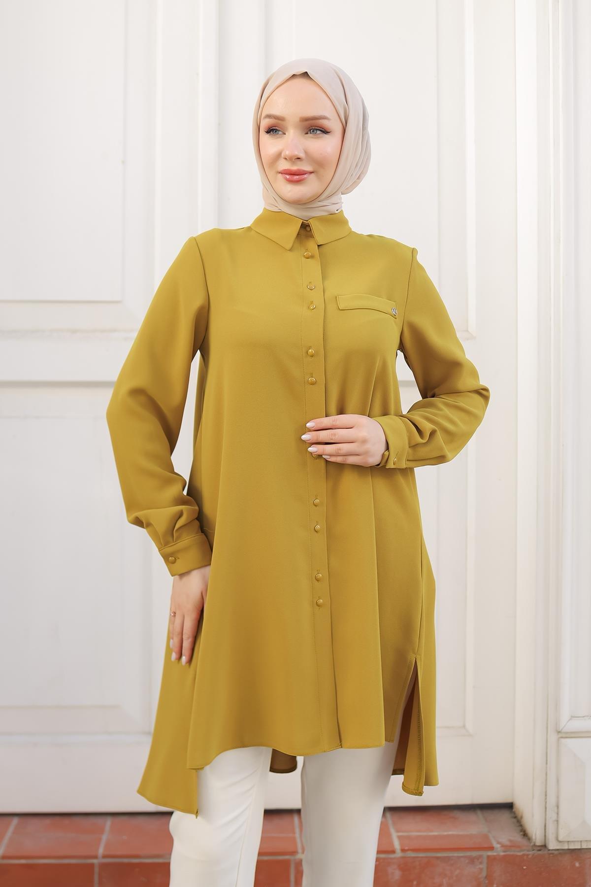 ARMİNE TREND Gömlek Yaka Düğmeli Tunik-Hardal 24KT444