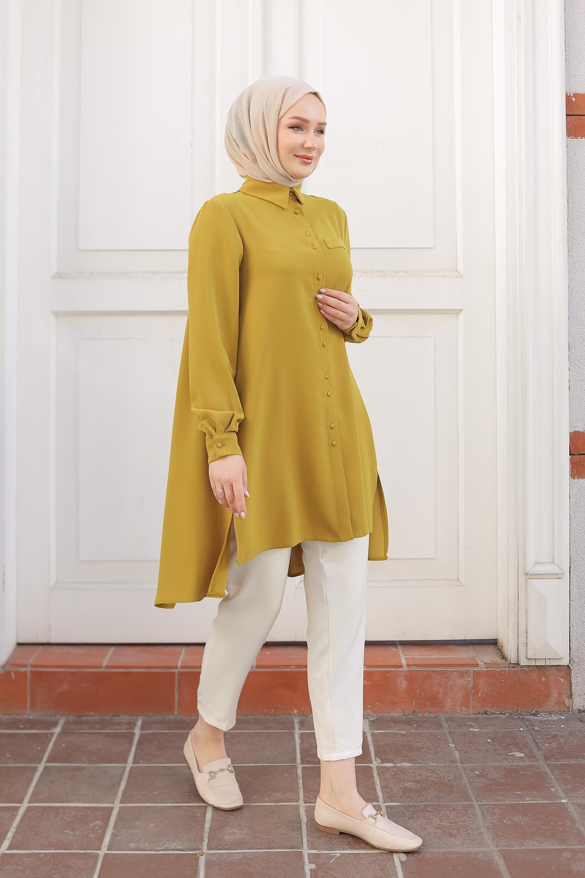 ARMİNE TREND Gömlek Yaka Düğmeli Tunik-Hardal 24KT444