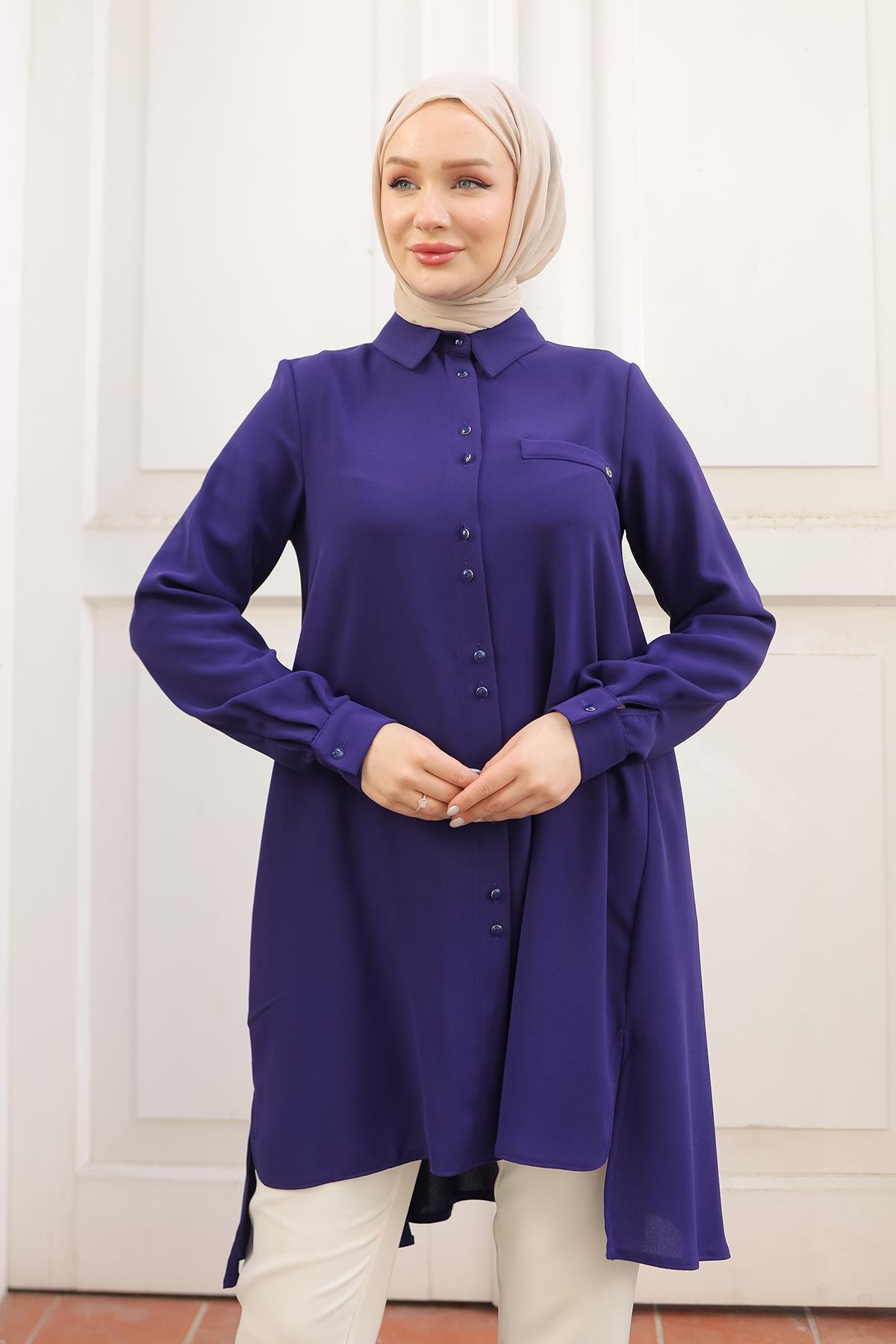 ARMİNE TREND Gömlek Yaka Düğmeli Tunik-Morcivert 24KT444