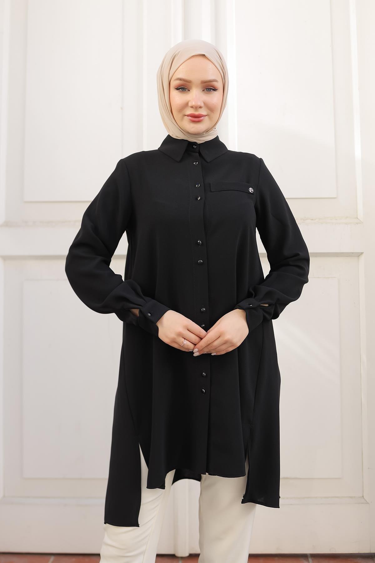 ARMİNE TREND Gömlek Yaka Düğmeli Tunik-Siyah 24KT444