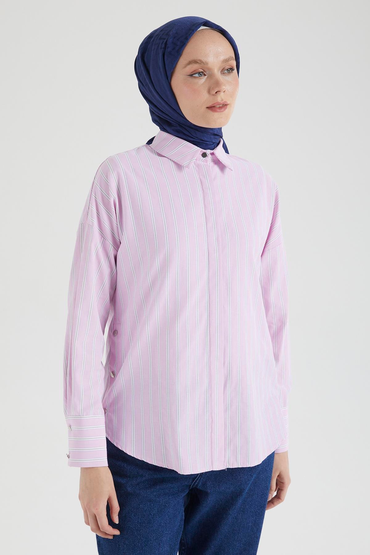 ARMİNE TREND Gömlek Yaka Düğmeli Yanları Çıt Çıt Detaylı Tunik-Pembe 25YT4103