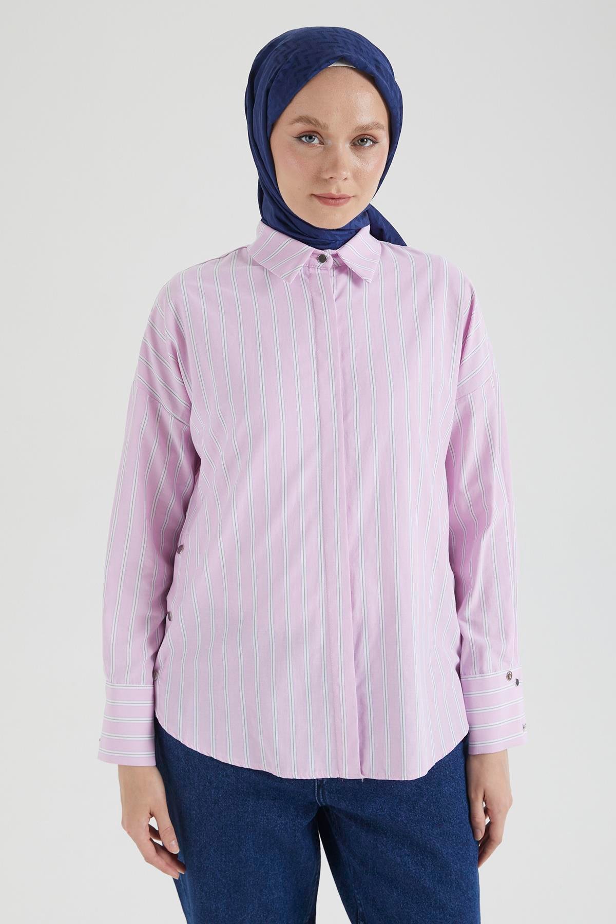 ARMİNE TREND Gömlek Yaka Düğmeli Yanları Çıt Çıt Detaylı Tunik-Pembe 25YT4103