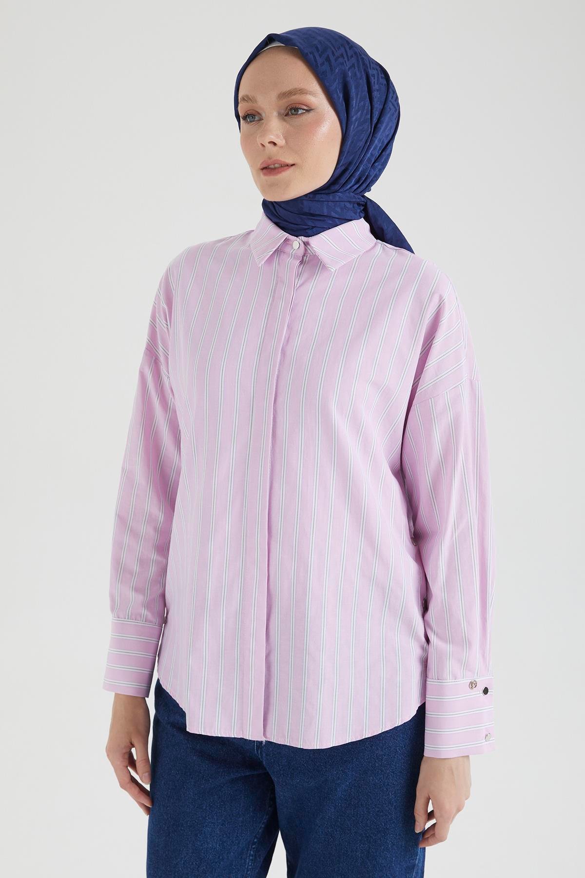 ARMİNE TREND Gömlek Yaka Düğmeli Yanları Çıt Çıt Detaylı Tunik-Pembe 25YT4103