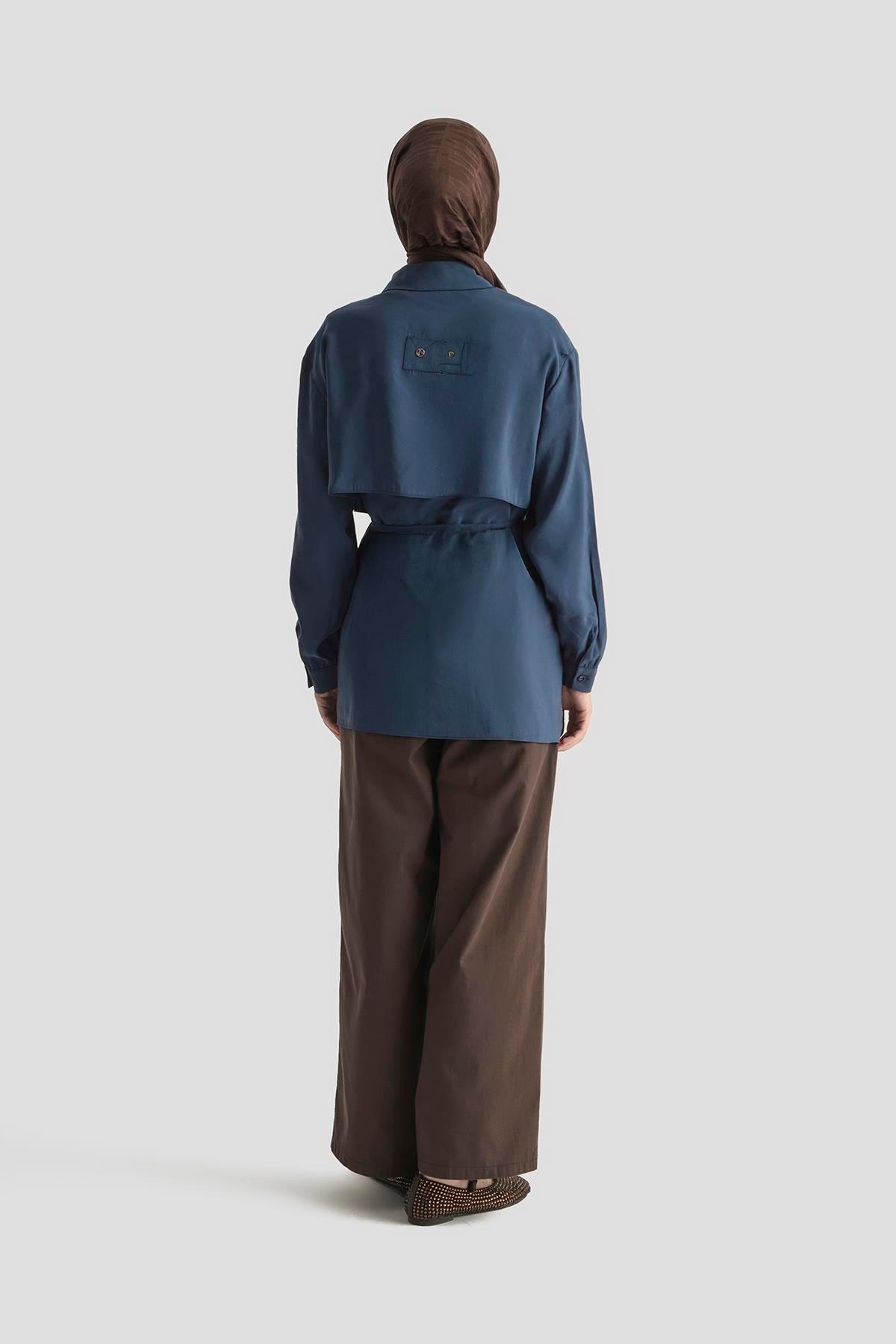 ARMİNE TREND Gömlek Yaka Dümeli Beli Bağlamalı Tunik-İndigo 25YT499
