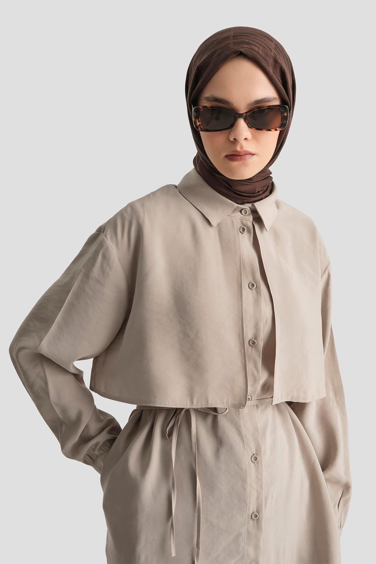 ARMİNE TREND Gömlek Yaka Dümeli Beli Bağlamalı Tunik-Bej 25YT499