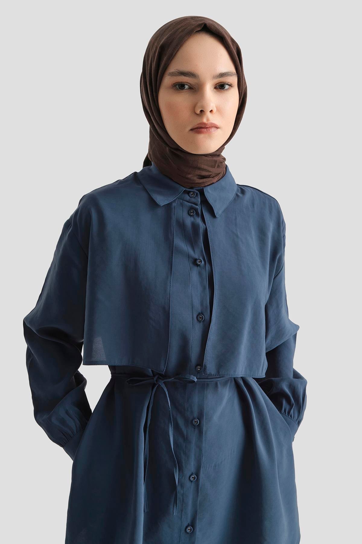 ARMİNE TREND Gömlek Yaka Dümeli Beli Bağlamalı Tunik-İndigo 25YT499