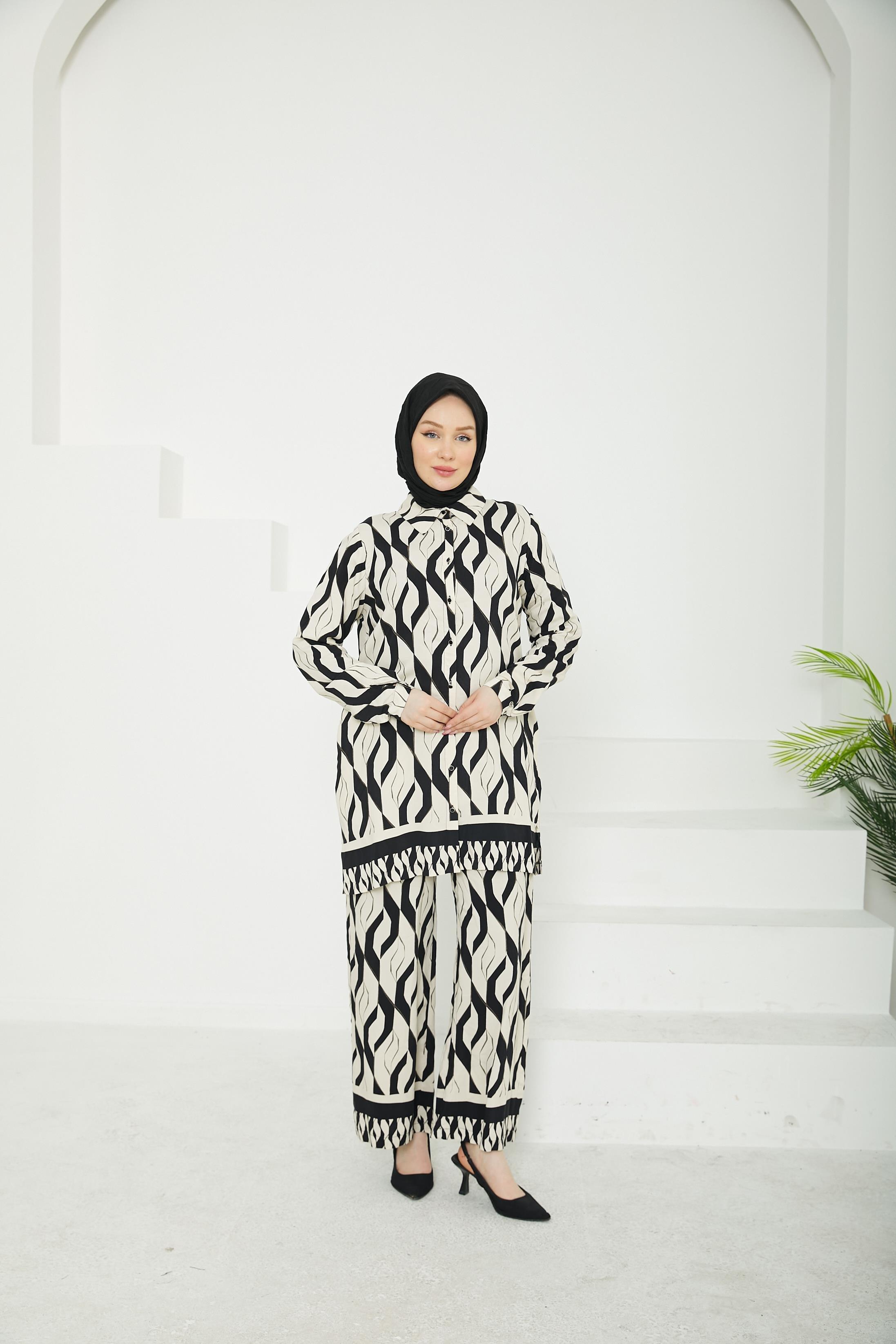 ARMİNE TREND Gömlek Yaka Etek Beli Lastikli İkili Takım-Siyah - Beyaz-25YT601