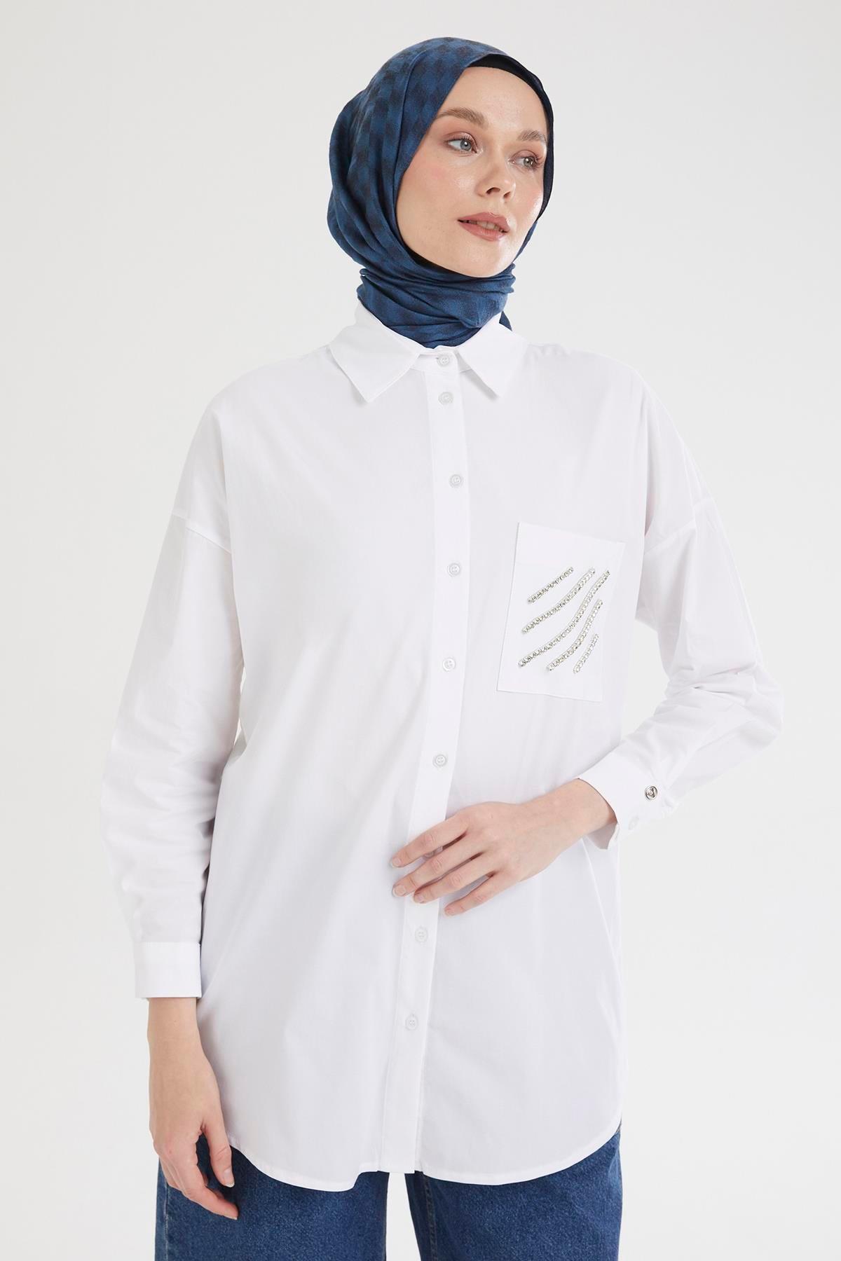 ARMİNE TREND Gömlek Yaka Taş Detaylı Tunik-Ekru 25YT306