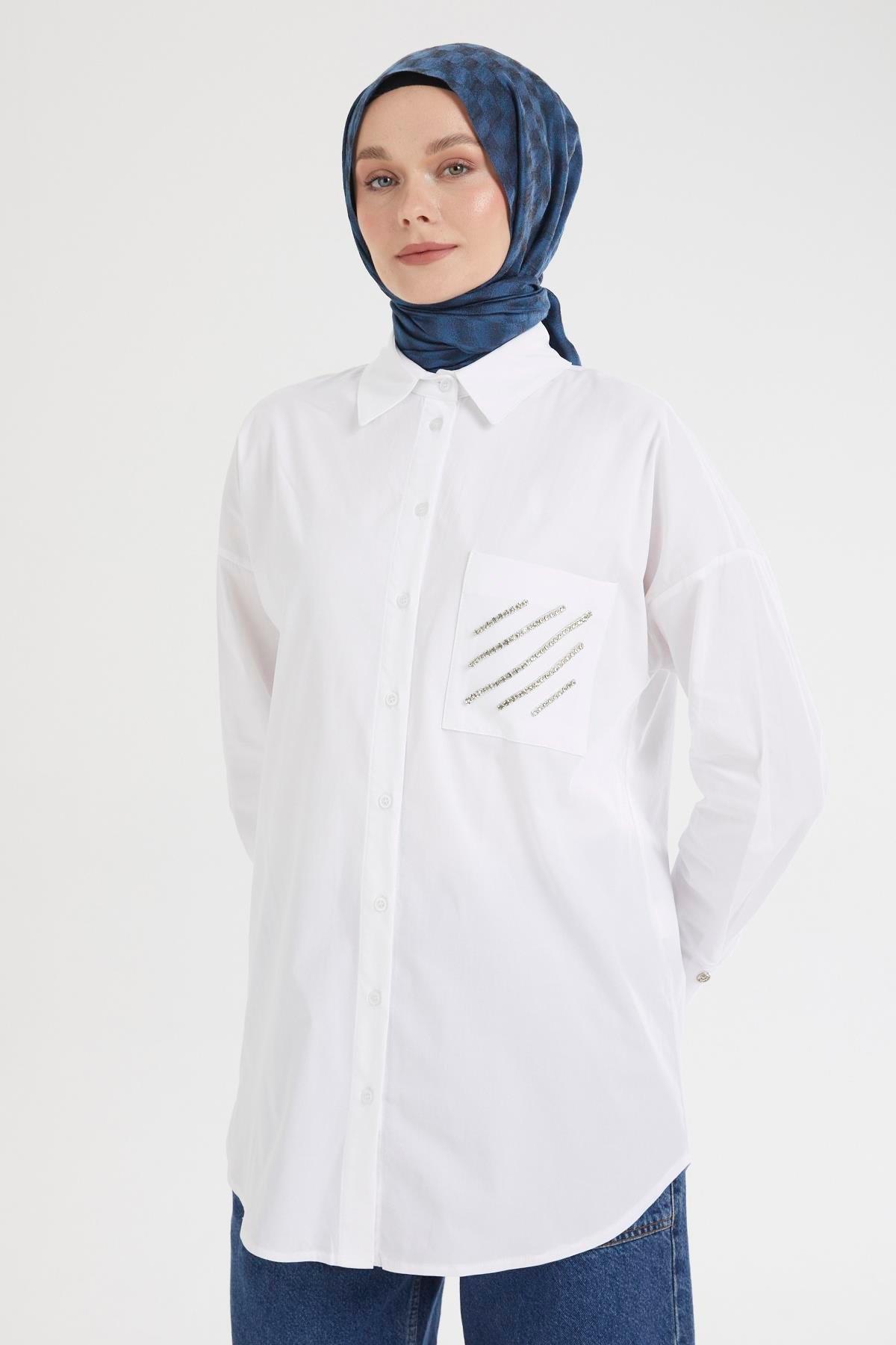 ARMİNE TREND Gömlek Yaka Taş Detaylı Tunik-Ekru 25YT306