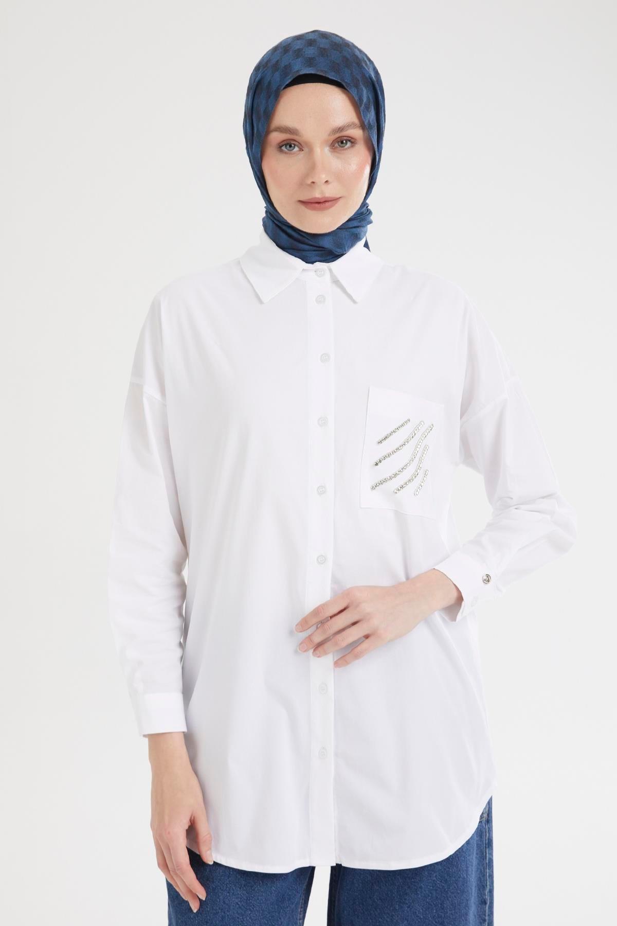 ARMİNE TREND Gömlek Yaka Taş Detaylı Tunik-Ekru 25YT306