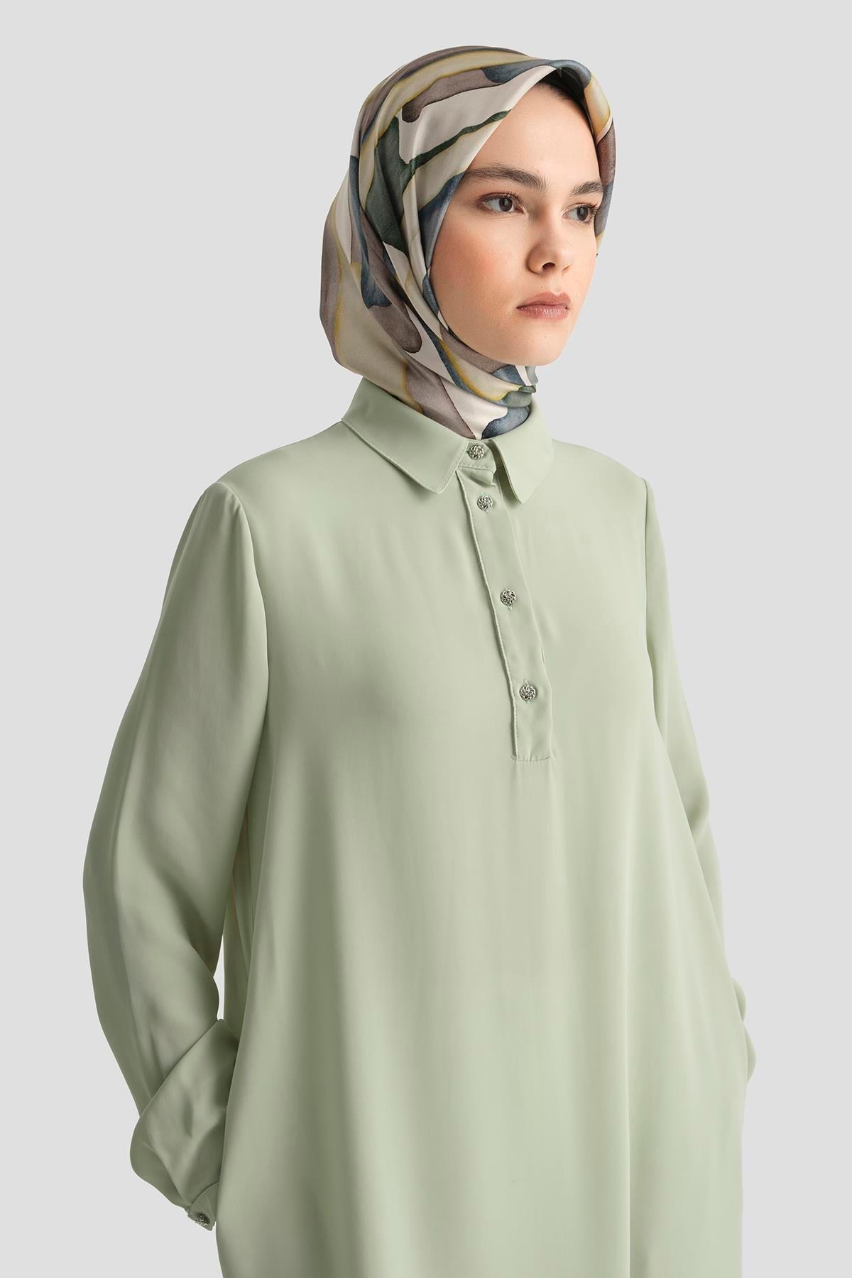 ARMİNE TREND Gömlek Yaka Yakası Düğmeli Tunik-Mint 25YT4149