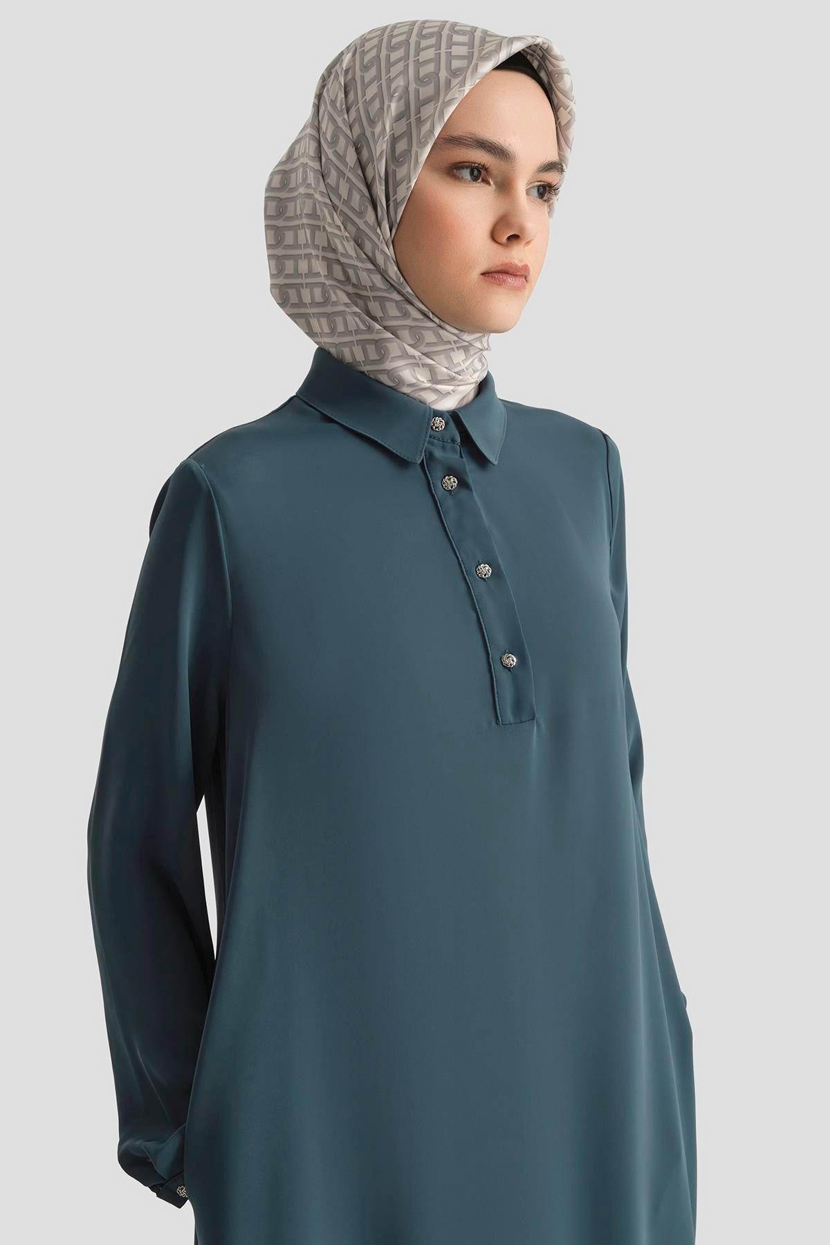 ARMİNE TREND Gömlek Yaka Yakası Düğmeli Tunik-Gri Mavi 25YT4149