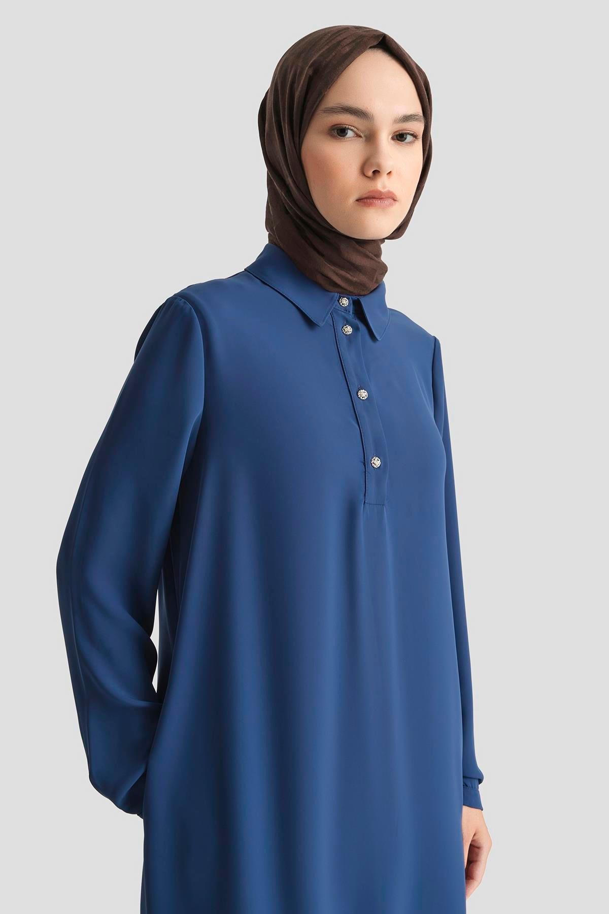 ARMİNE TREND Gömlek Yaka Yakası Düğmeli Tunik-Mavi 25YT4149
