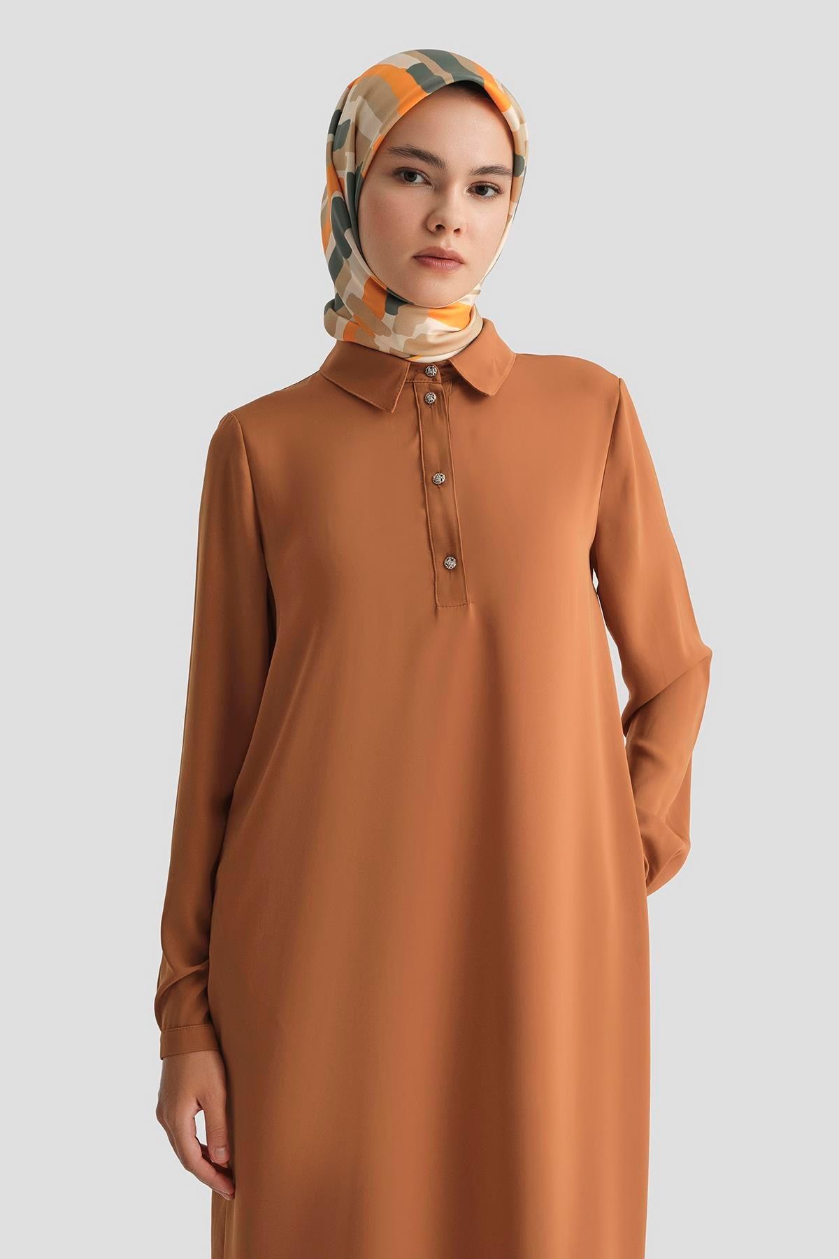 ARMİNE TREND Gömlek Yaka Yakası Düğmeli Tunik-Taba 25YT4149