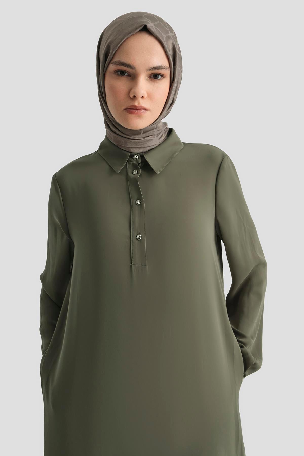 ARMİNE TREND Gömlek Yaka Yakası Düğmeli Tunik-Haki 25YT4149