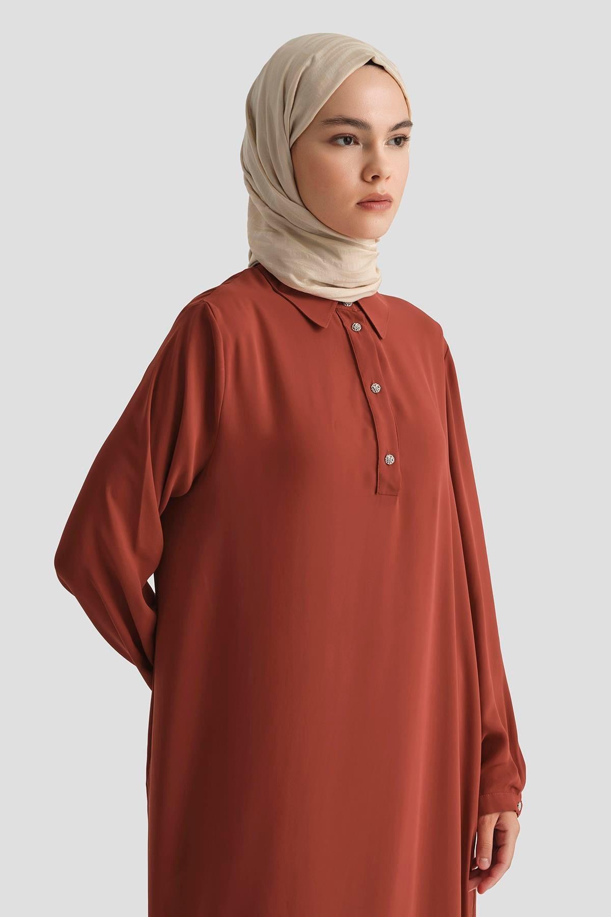 ARMİNE TREND Gömlek Yaka Yakası Düğmeli Tunik-Kiremit 25YT4149