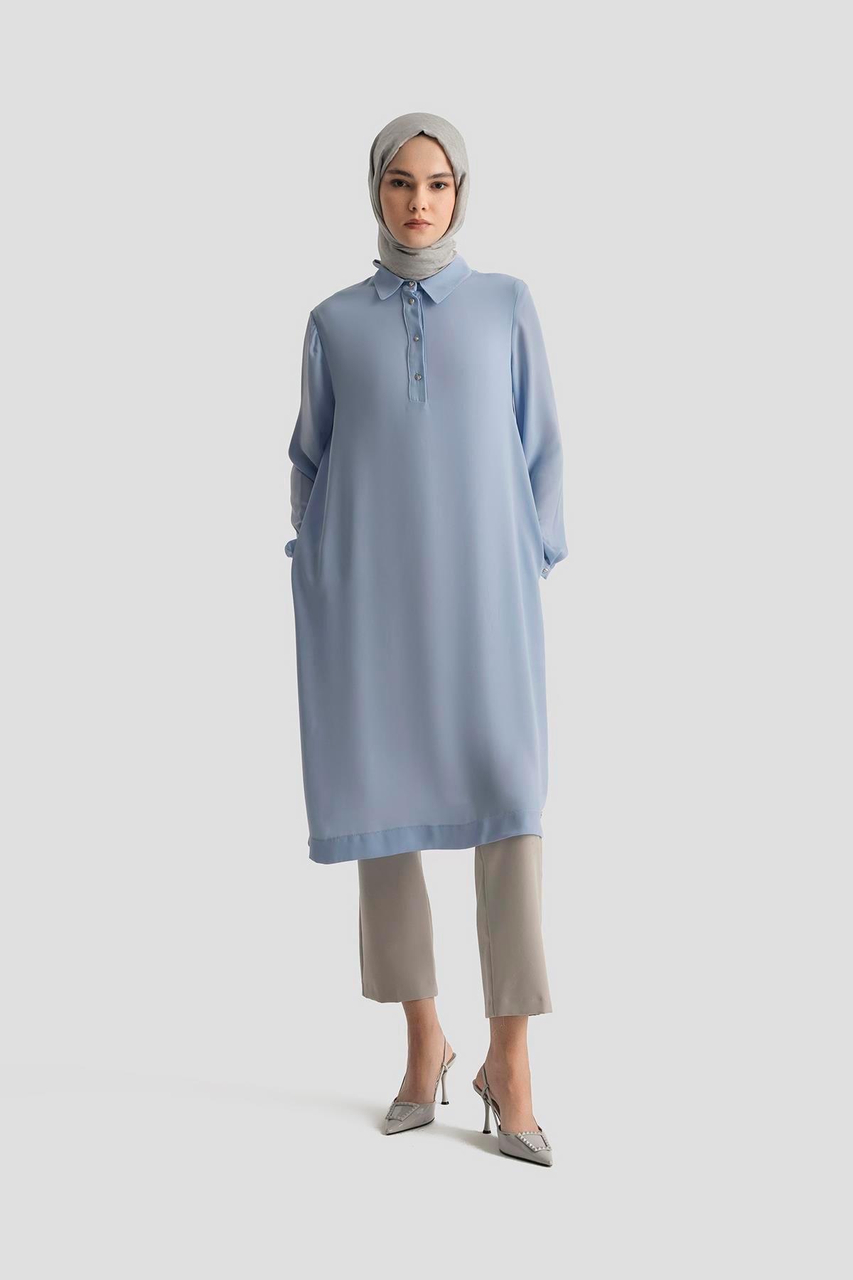 ARMİNE TREND Gömlek Yaka Yakası Düğmeli Tunik-Bebe Mavi 25YT4149