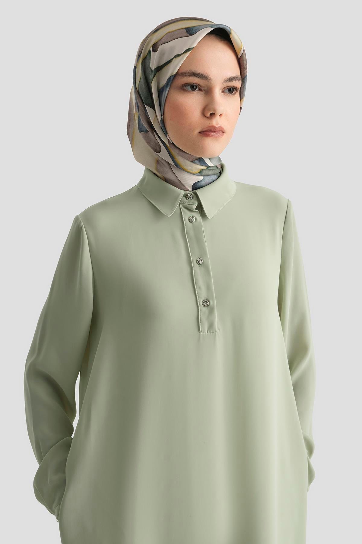 ARMİNE TREND Gömlek Yaka Yakası Düğmeli Tunik-Mint 25YT4149