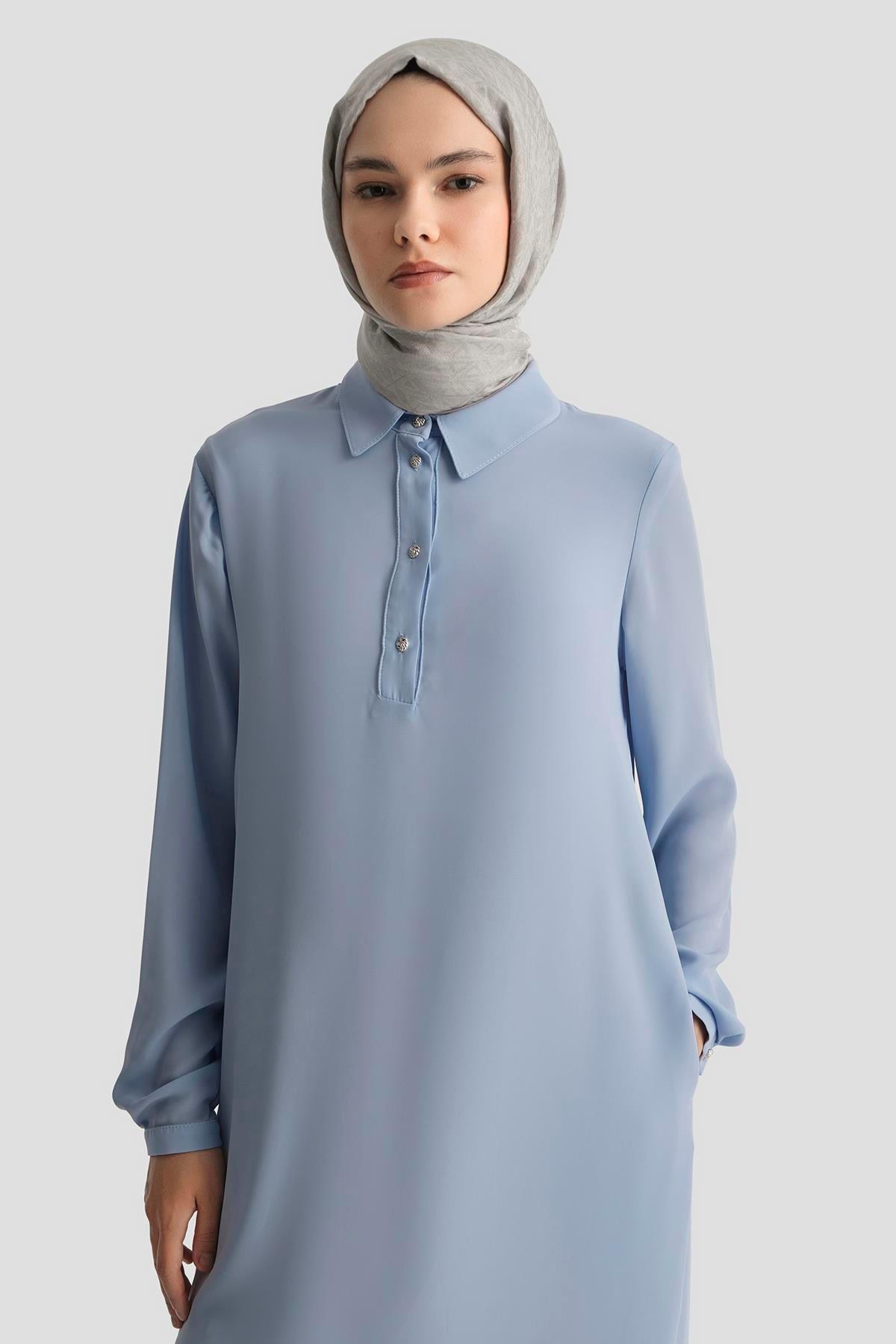 ARMİNE TREND Gömlek Yaka Yakası Düğmeli Tunik-Bebe Mavi 25YT4149