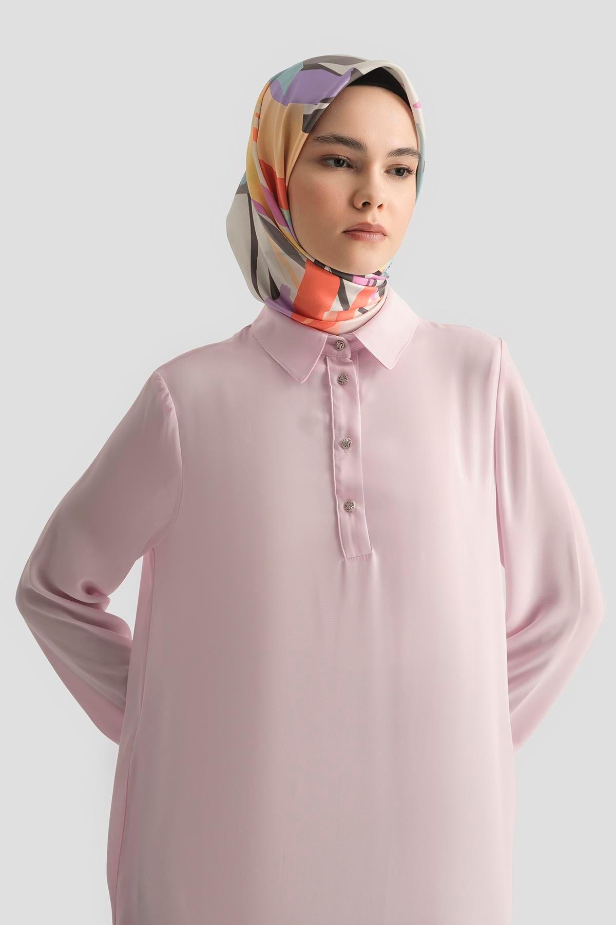 ARMİNE TREND Gömlek Yaka Yakası Düğmeli Tunik-Pembe 25YT4149