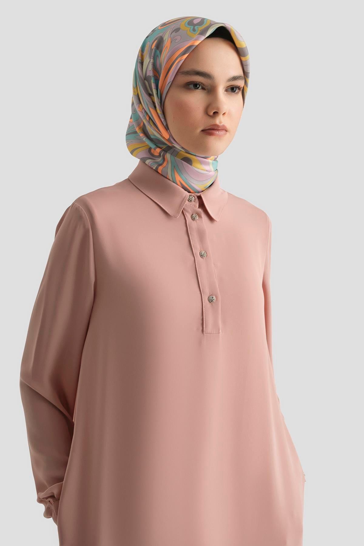 ARMİNE TREND Gömlek Yaka Yakası Düğmeli Tunik-Gül 25YT4149