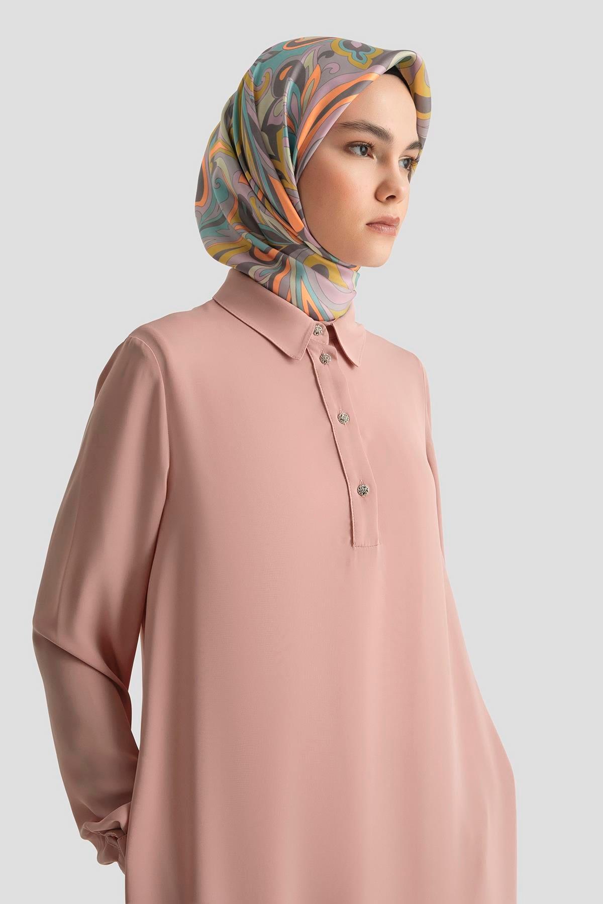 ARMİNE TREND Gömlek Yaka Yakası Düğmeli Tunik-Gül 25YT4149