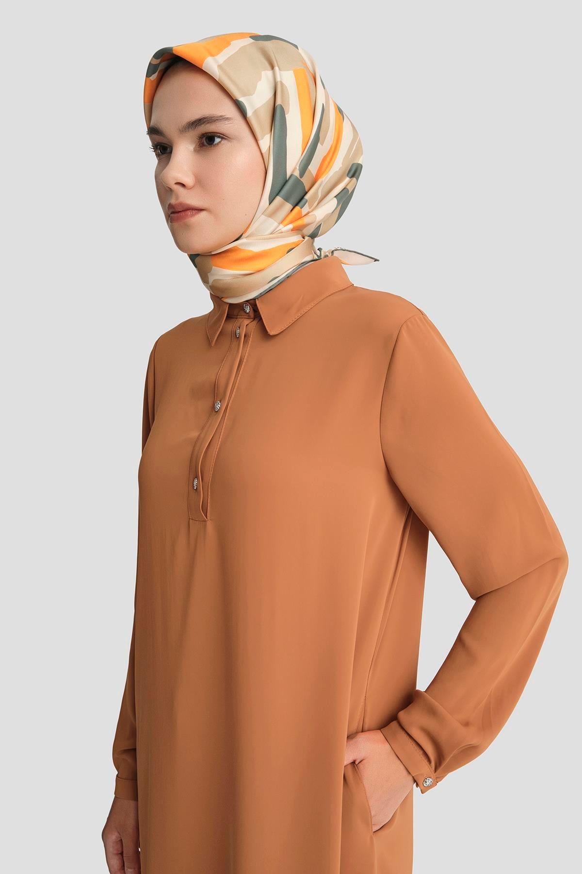 ARMİNE TREND Gömlek Yaka Yakası Düğmeli Tunik-Taba 25YT4149