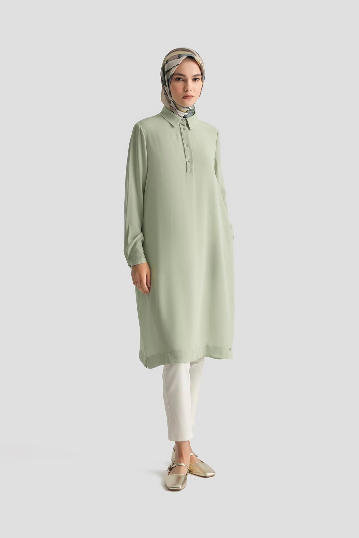 ARMİNE TREND Gömlek Yaka Yakası Düğmeli Tunik-Mint 25YT4149