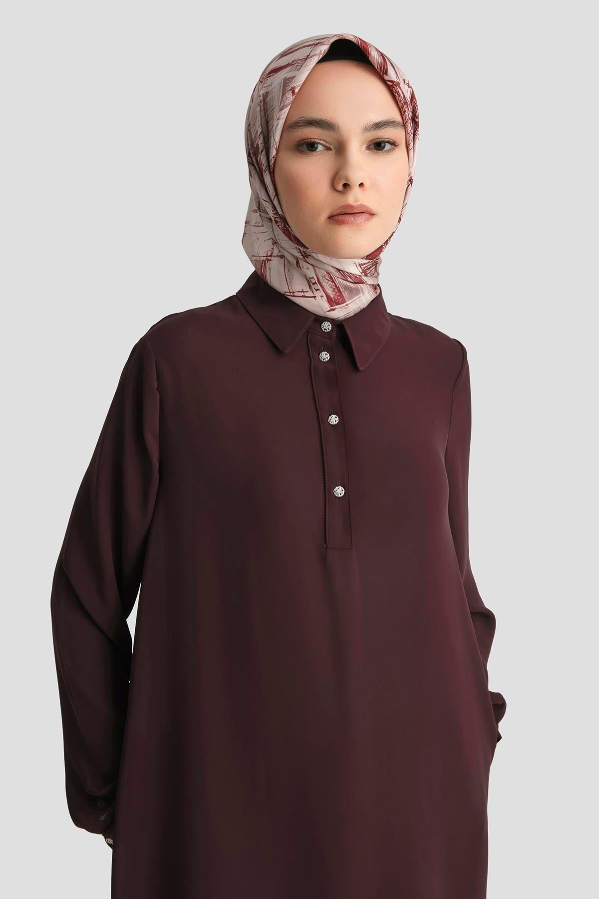 ARMİNE TREND Gömlek Yaka Yakası Düğmeli Tunik-Mürdüm 25YT4149