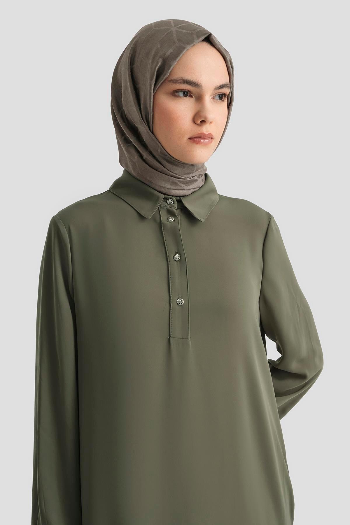 ARMİNE TREND Gömlek Yaka Yakası Düğmeli Tunik-Haki 25YT4149