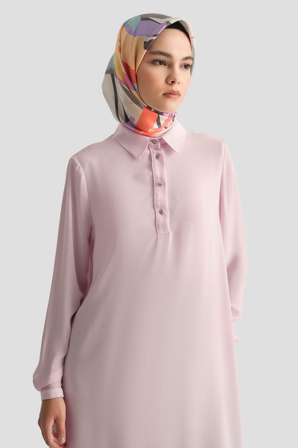 ARMİNE TREND Gömlek Yaka Yakası Düğmeli Tunik-Pembe 25YT4149
