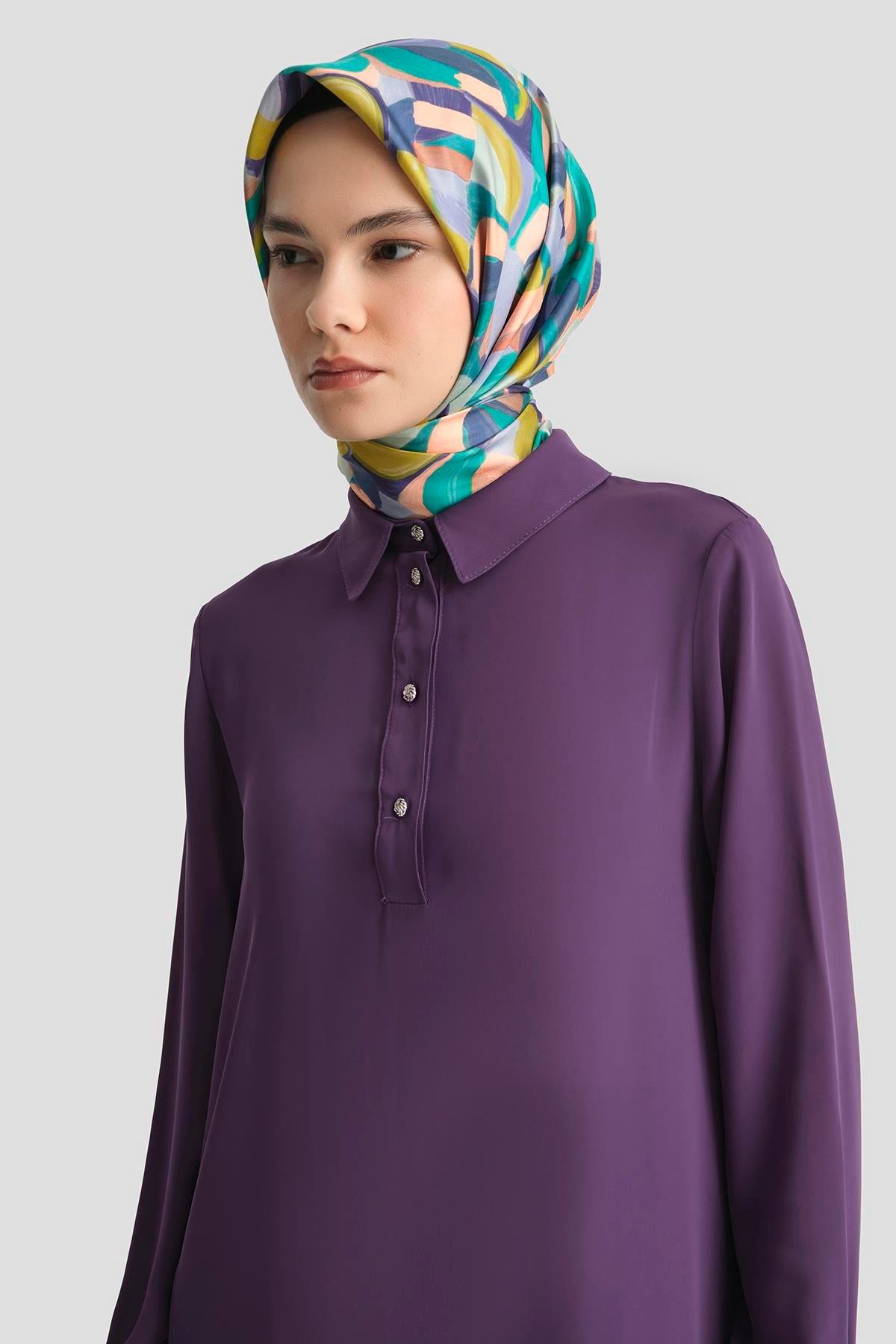 ARMİNE TREND Gömlek Yaka Yakası Düğmeli Tunik-Mor 25YT4149